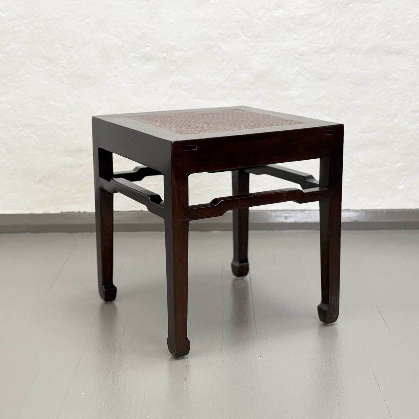 Vintage Elm Side Table with Rattan Inlay