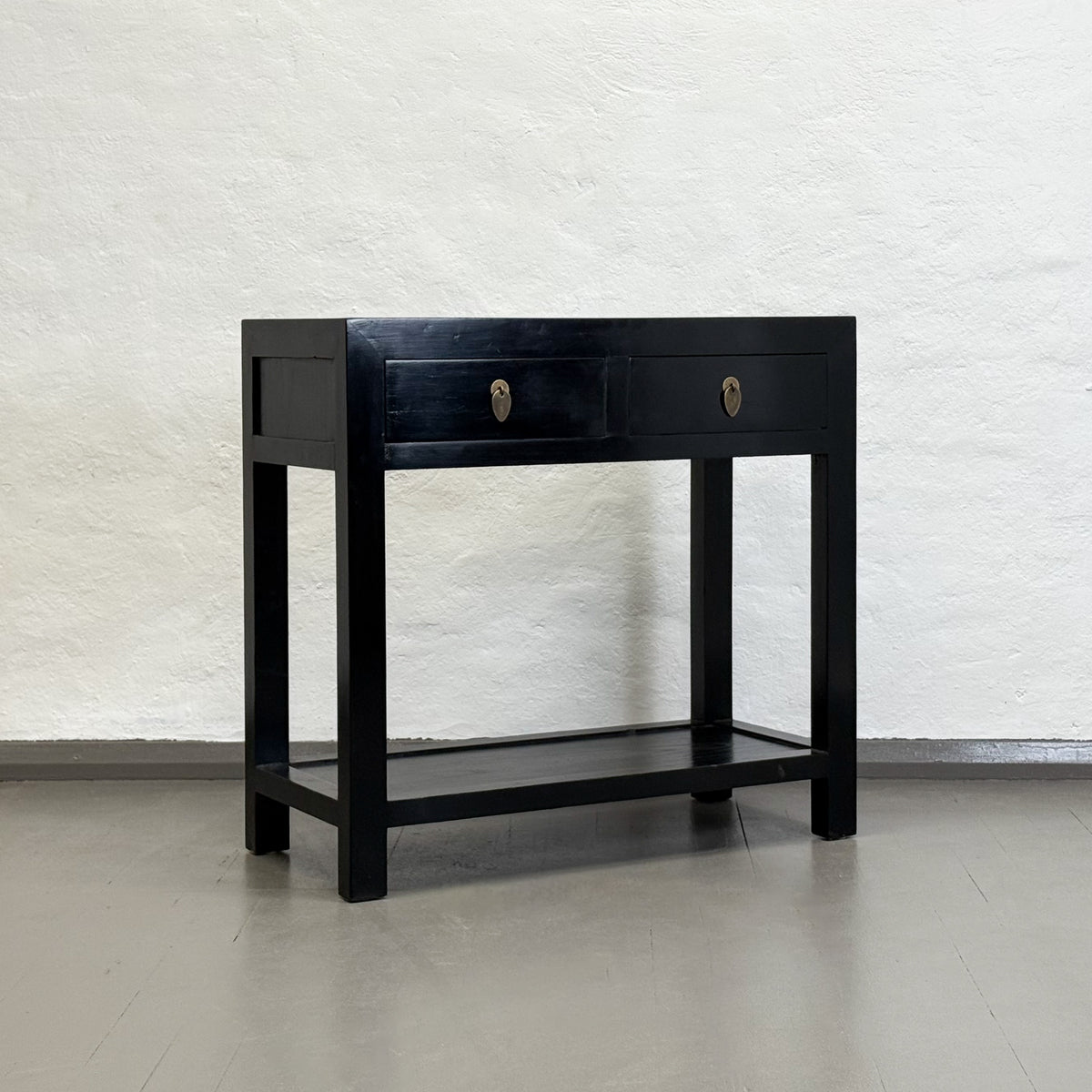 Console Against Window Lacquered 2 Drawer Console with Shelf – Orient House