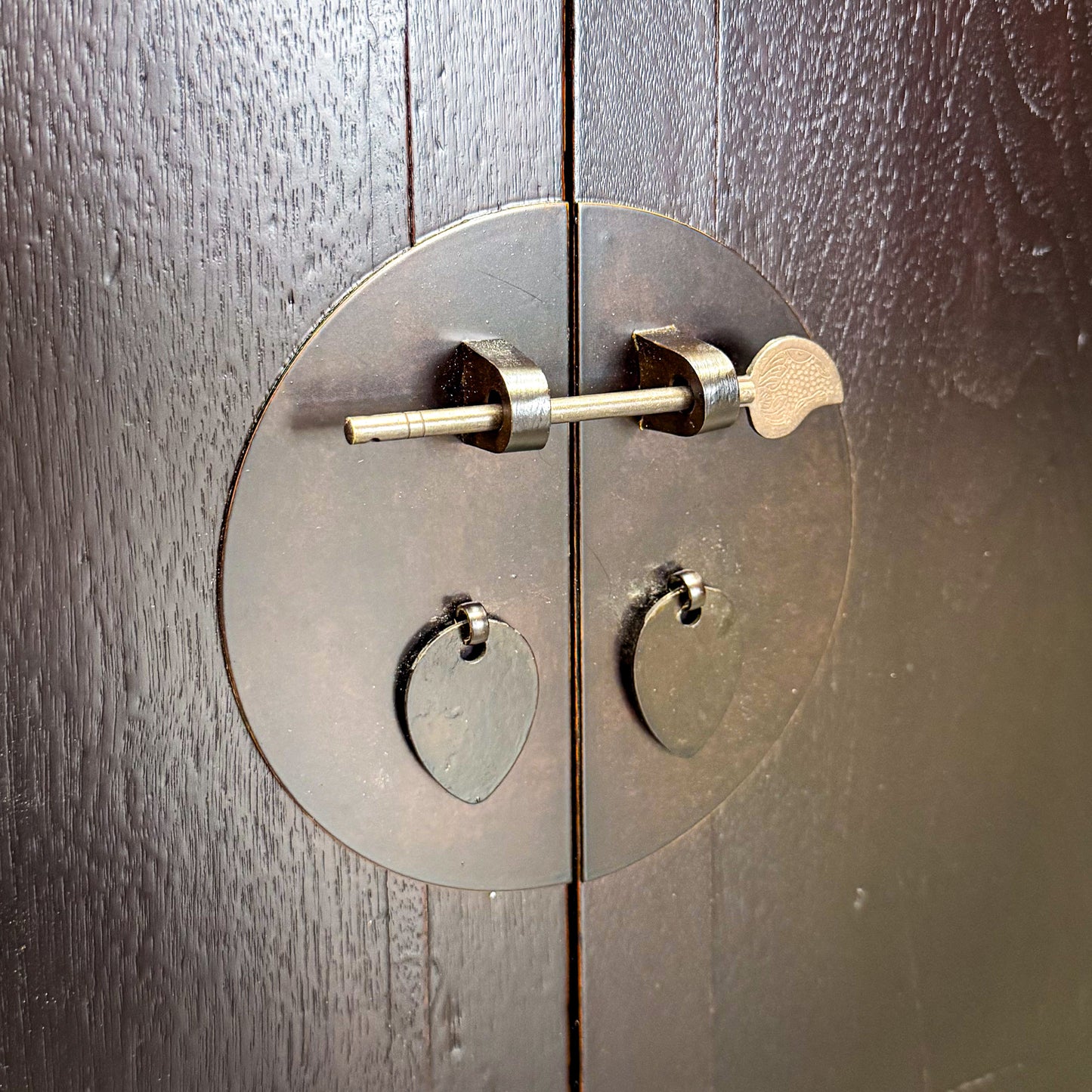 Brass door handle on a wooden door
