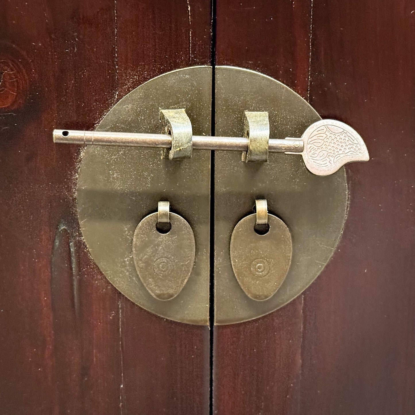 Decorative metal lock on a wooden door