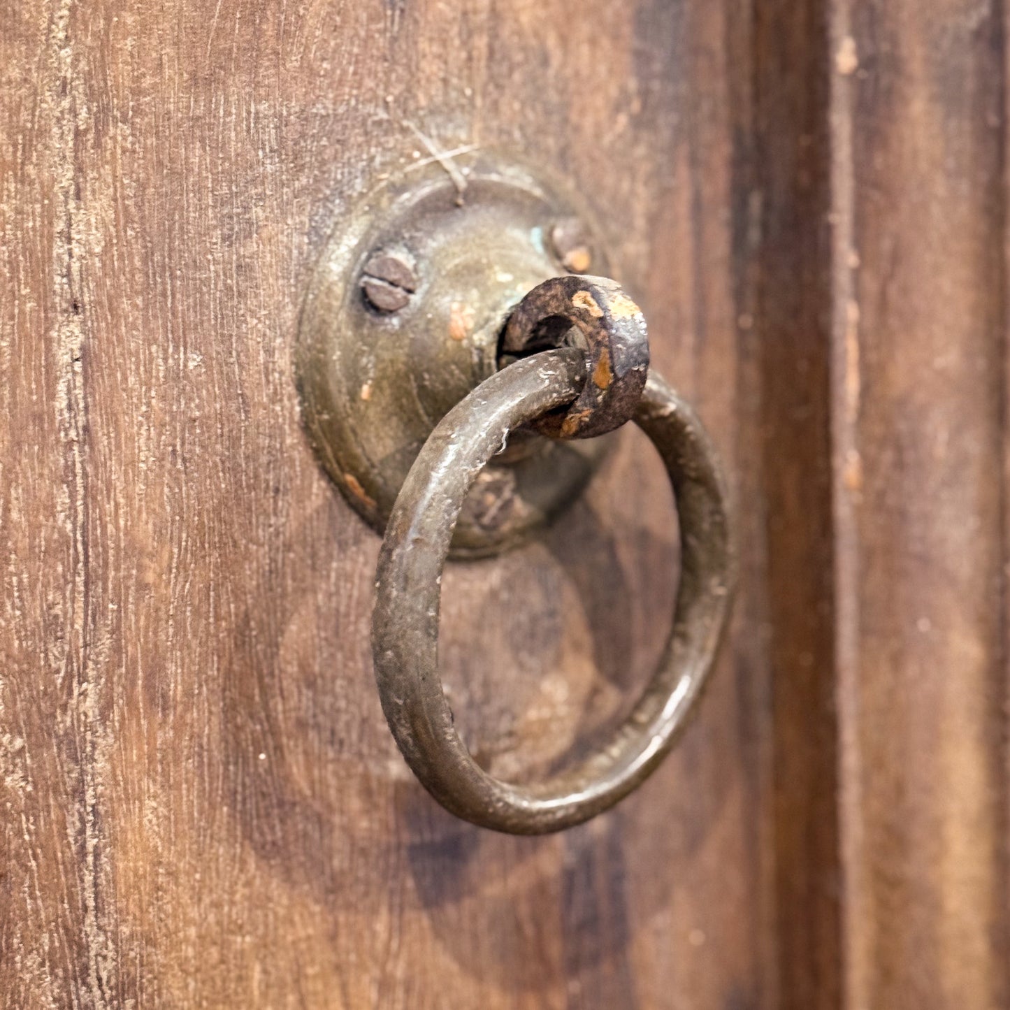 Rustic metal door knocker on a wooden door