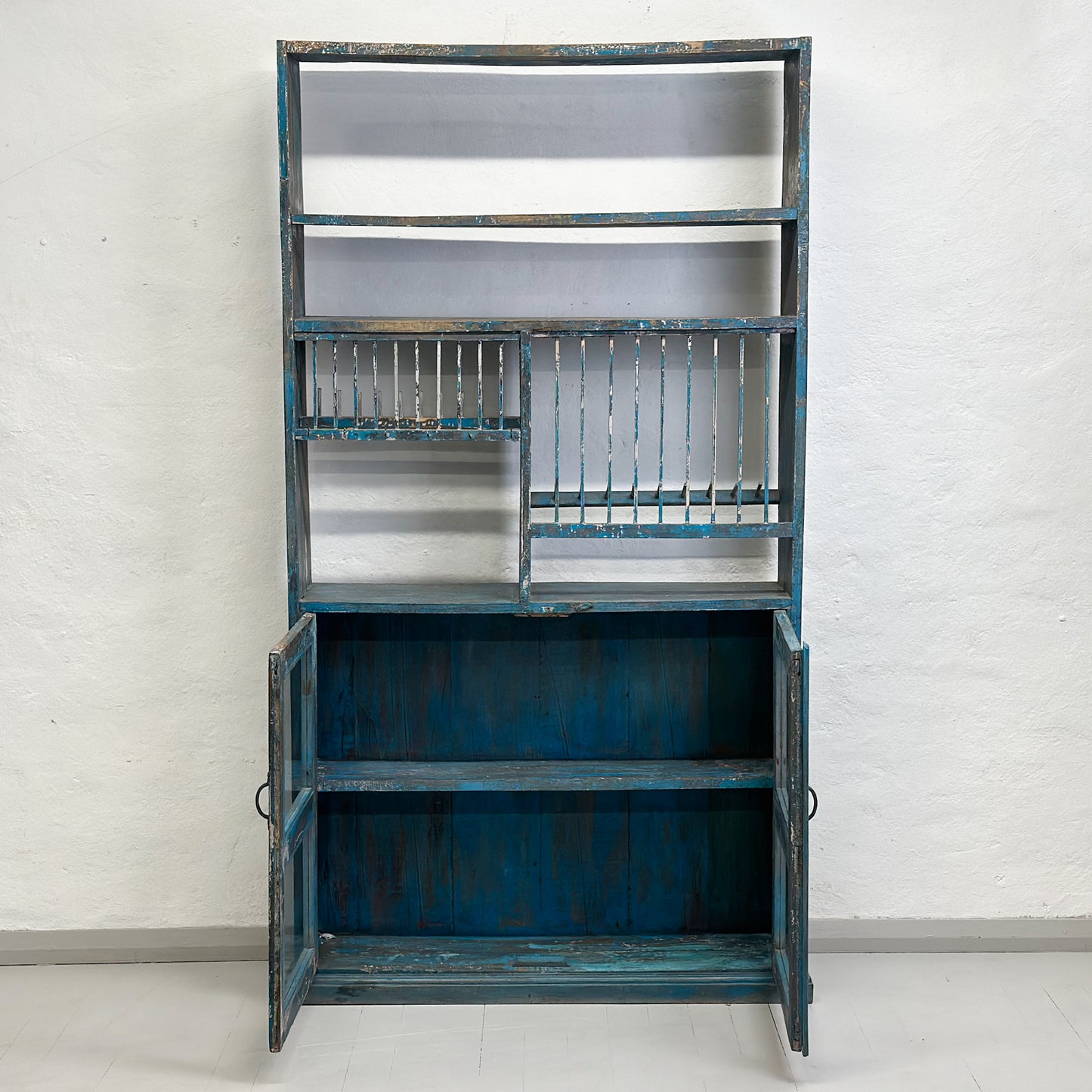 Distressed Vintage Kitchen Rack with Glass Cabinet