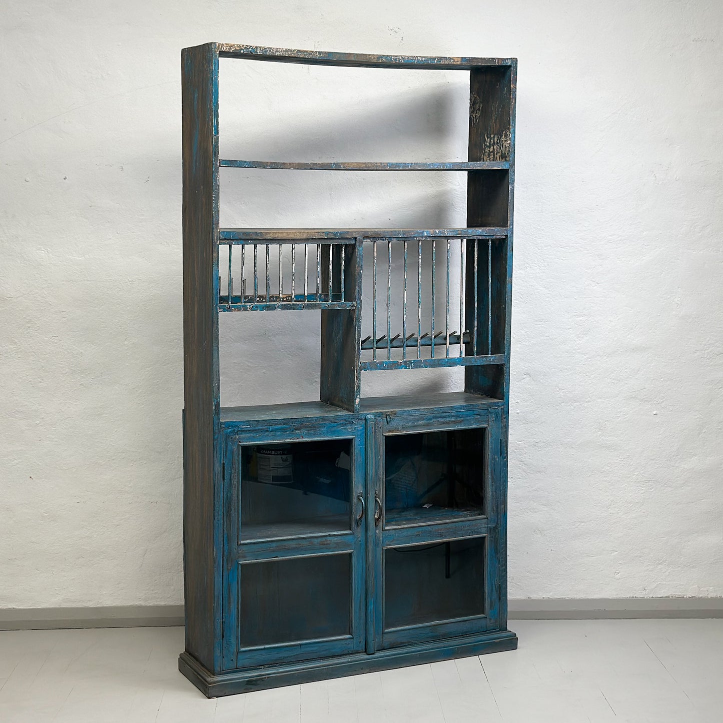 Distressed Vintage Kitchen Rack with Glass Cabinet