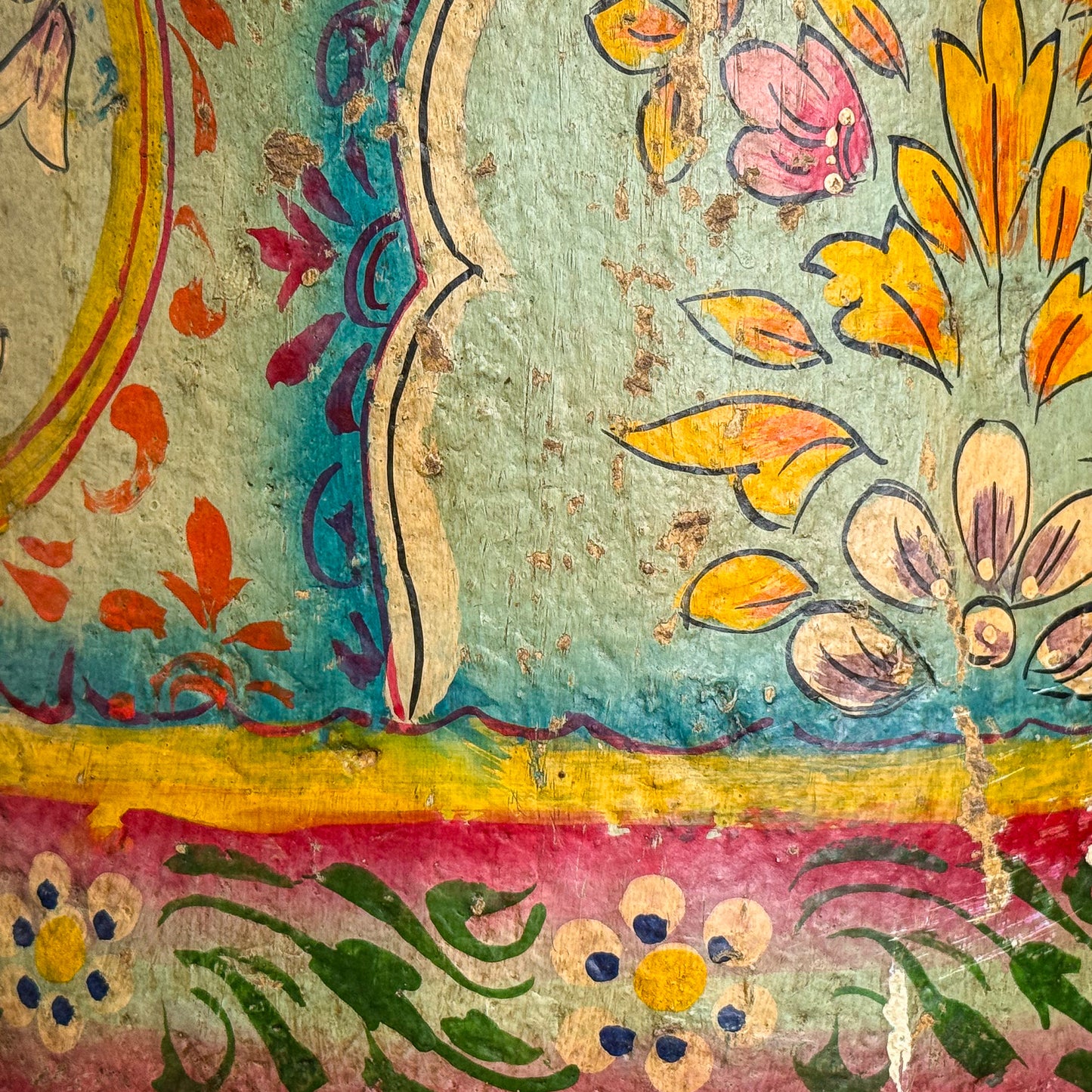 Decorative floral pattern with vibrant colors on a textured background