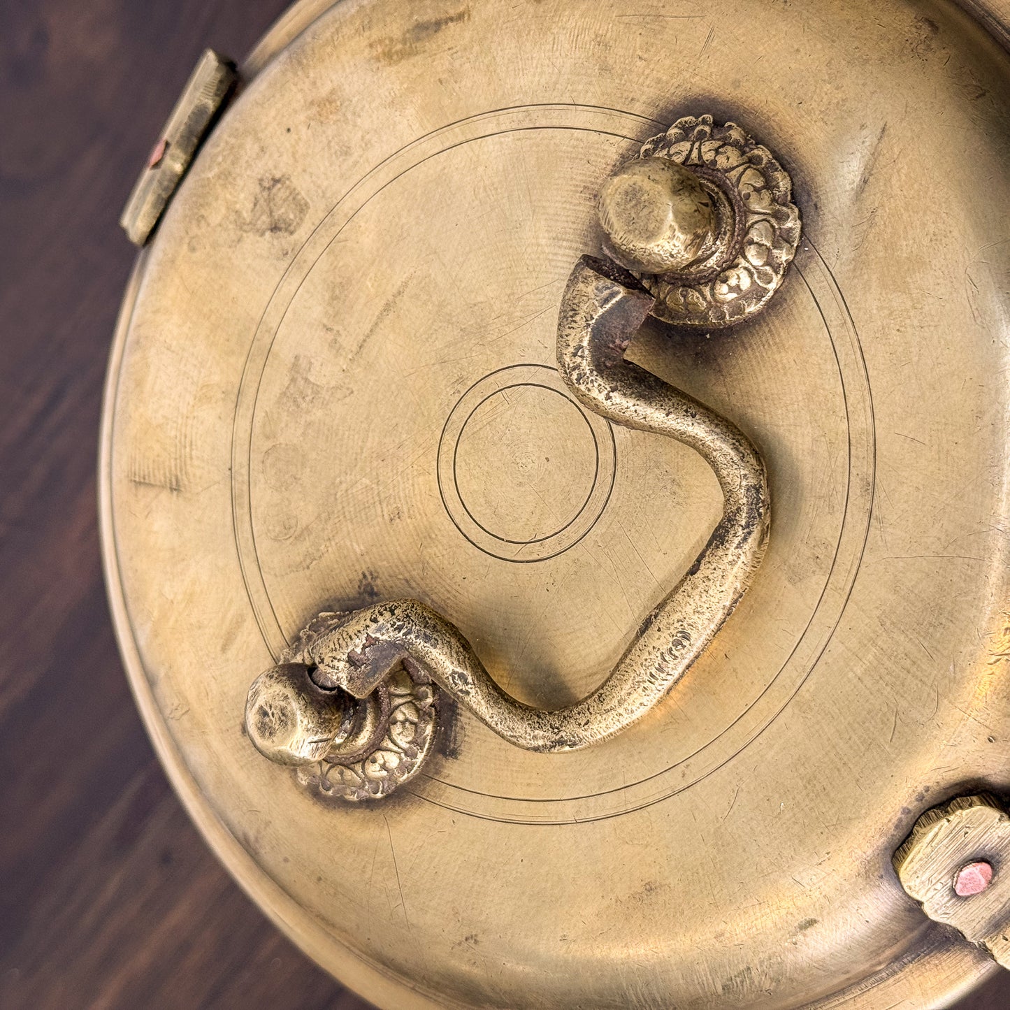 Close-up of a brass object with a snake design on a wooden surface