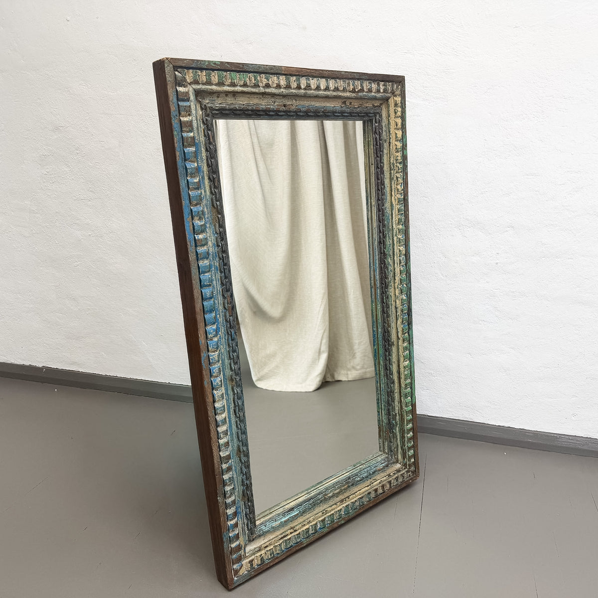 Carved Blue Timber Mirror