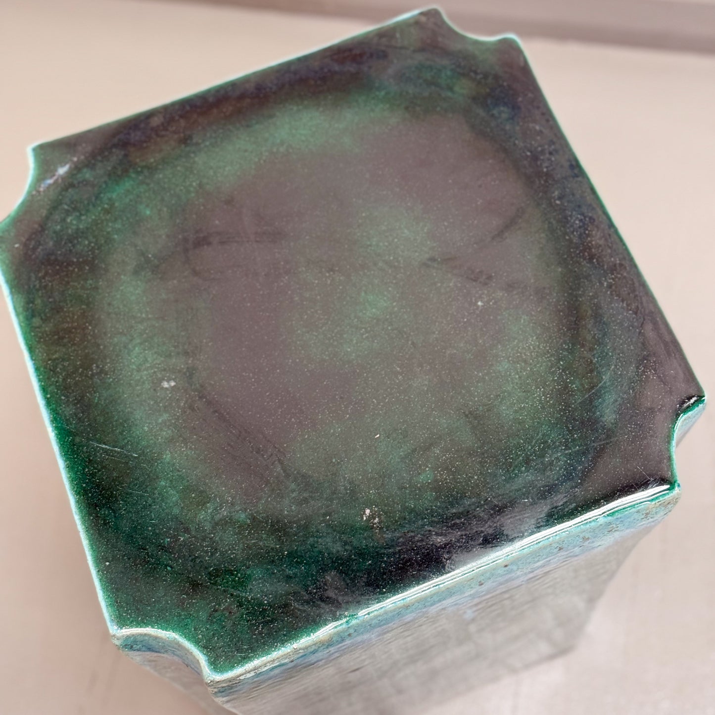 Green Porcelain Cut-Corner Square Stool
