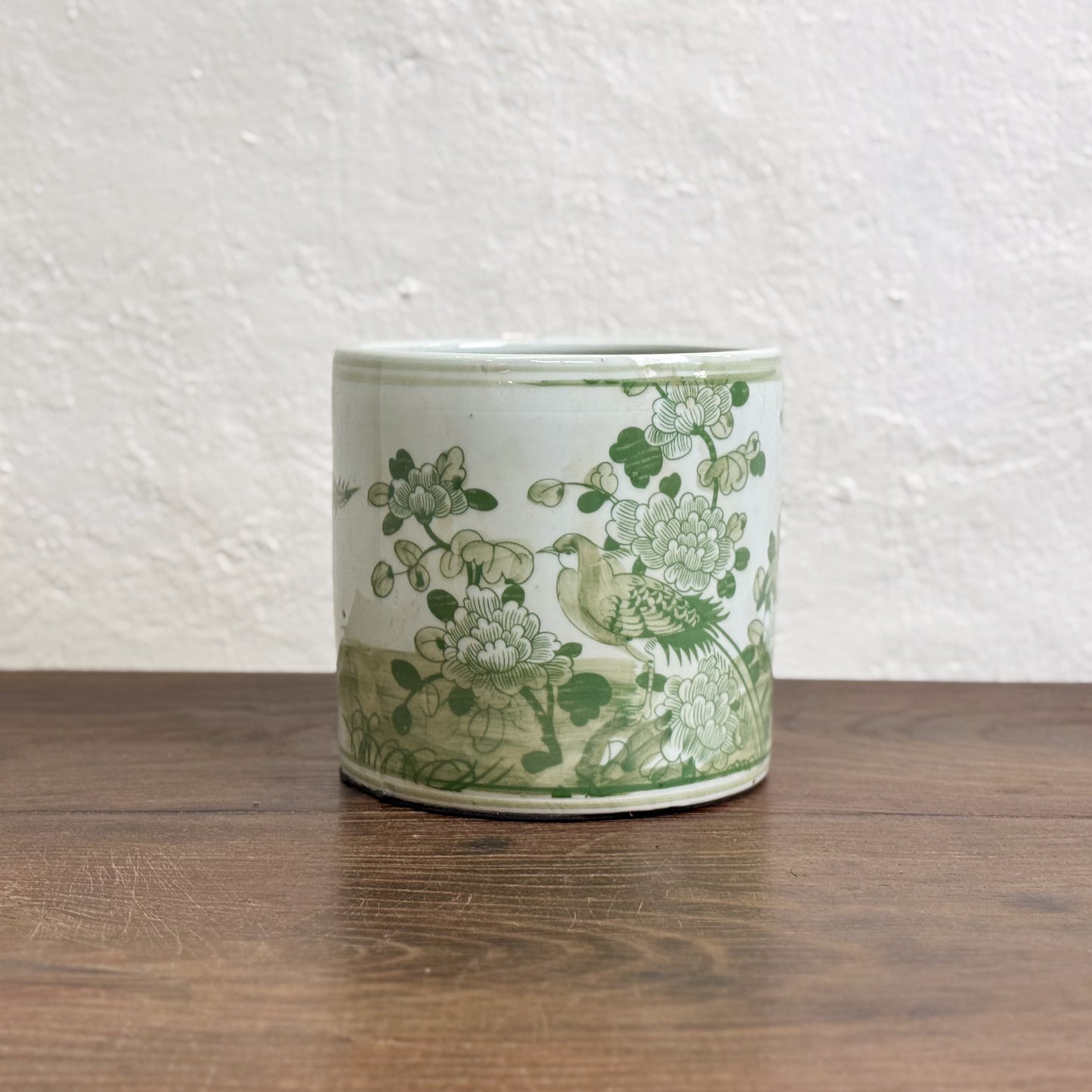 Green Bird & Peony Porcelain Paint Brush Holder