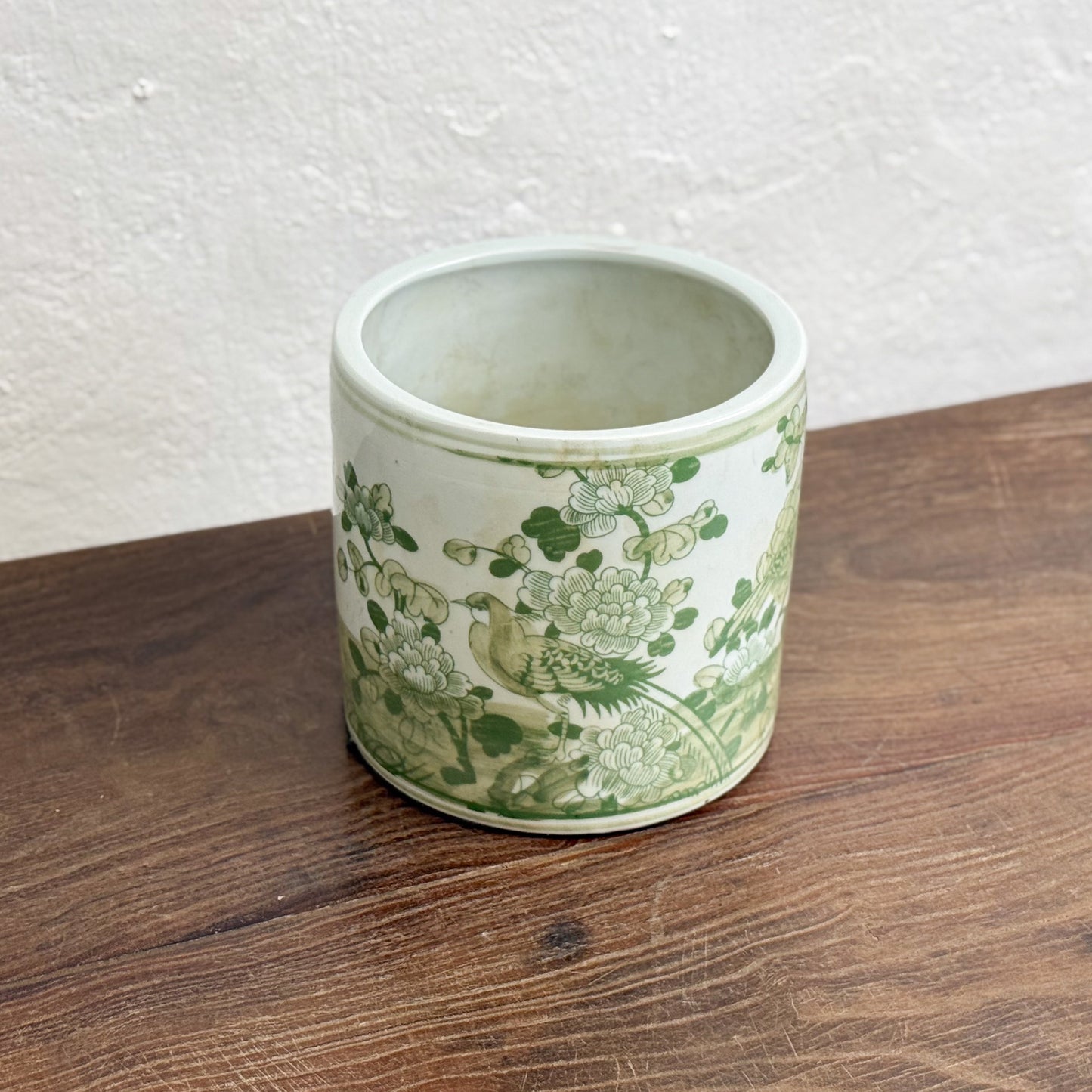 Green Bird & Peony Porcelain Paint Brush Holder