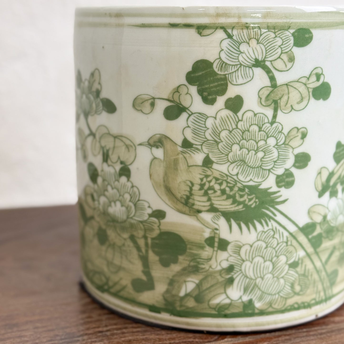 Green Bird & Peony Porcelain Paint Brush Holder