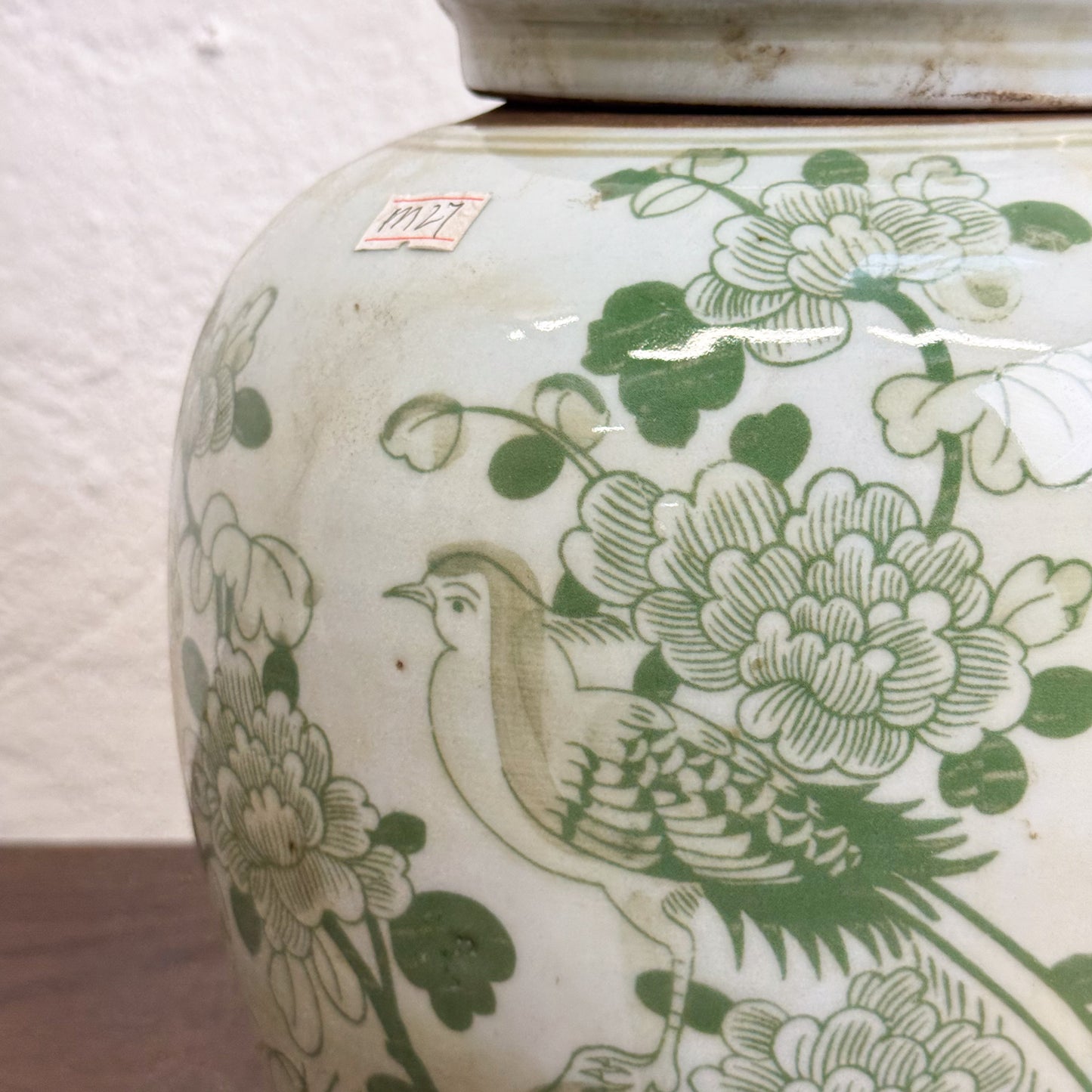 Green Bird & Peony Porcelain Ginger Jar