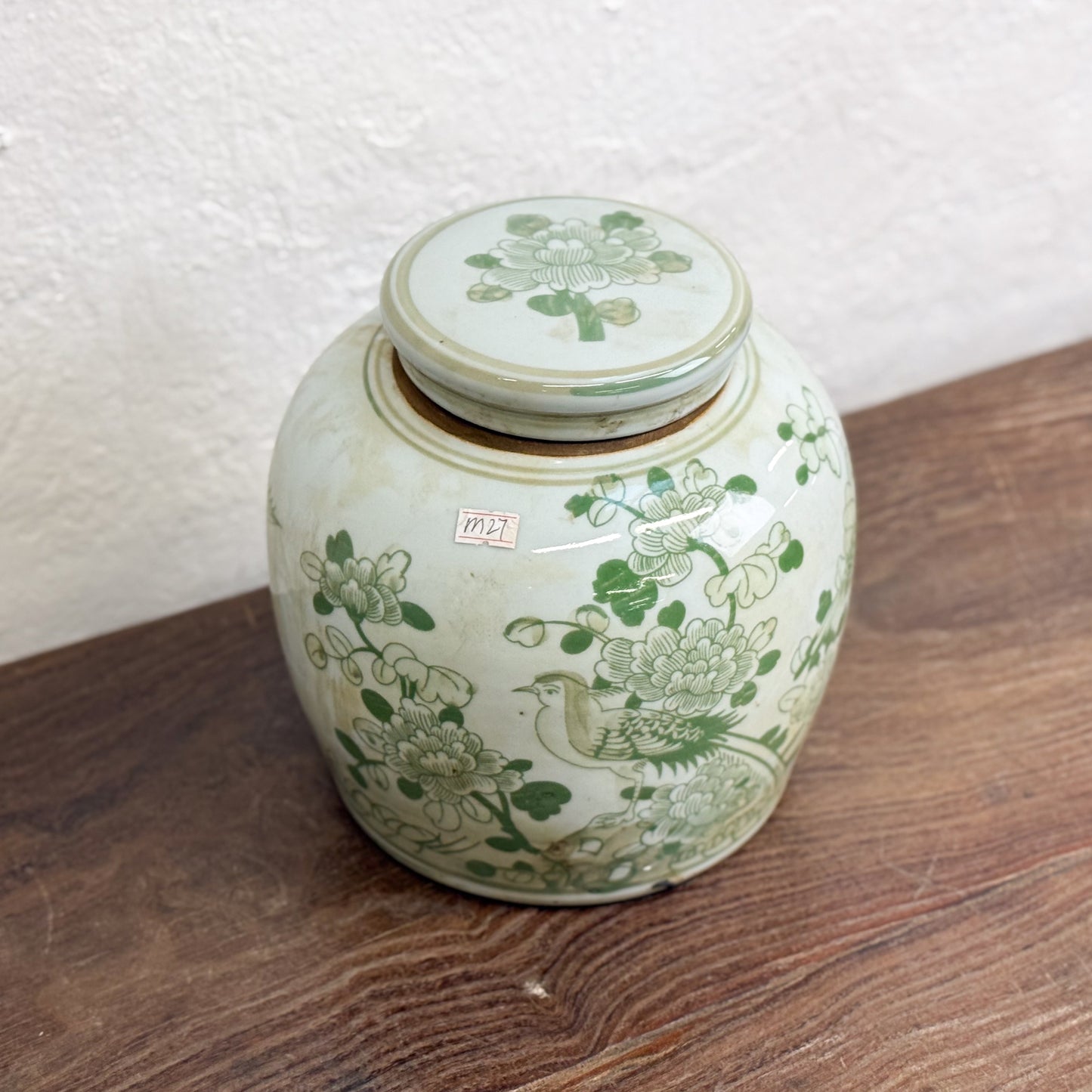 Green Bird & Peony Porcelain Ginger Jar