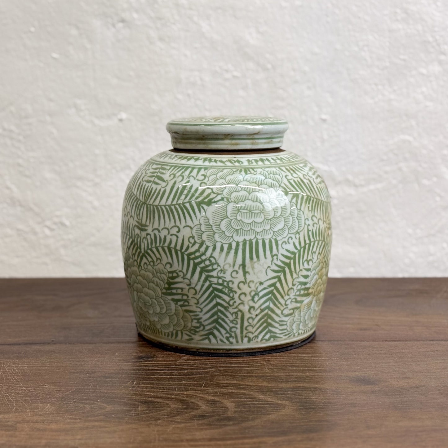 Green Peony & Fern Porcelain Ginger Jar