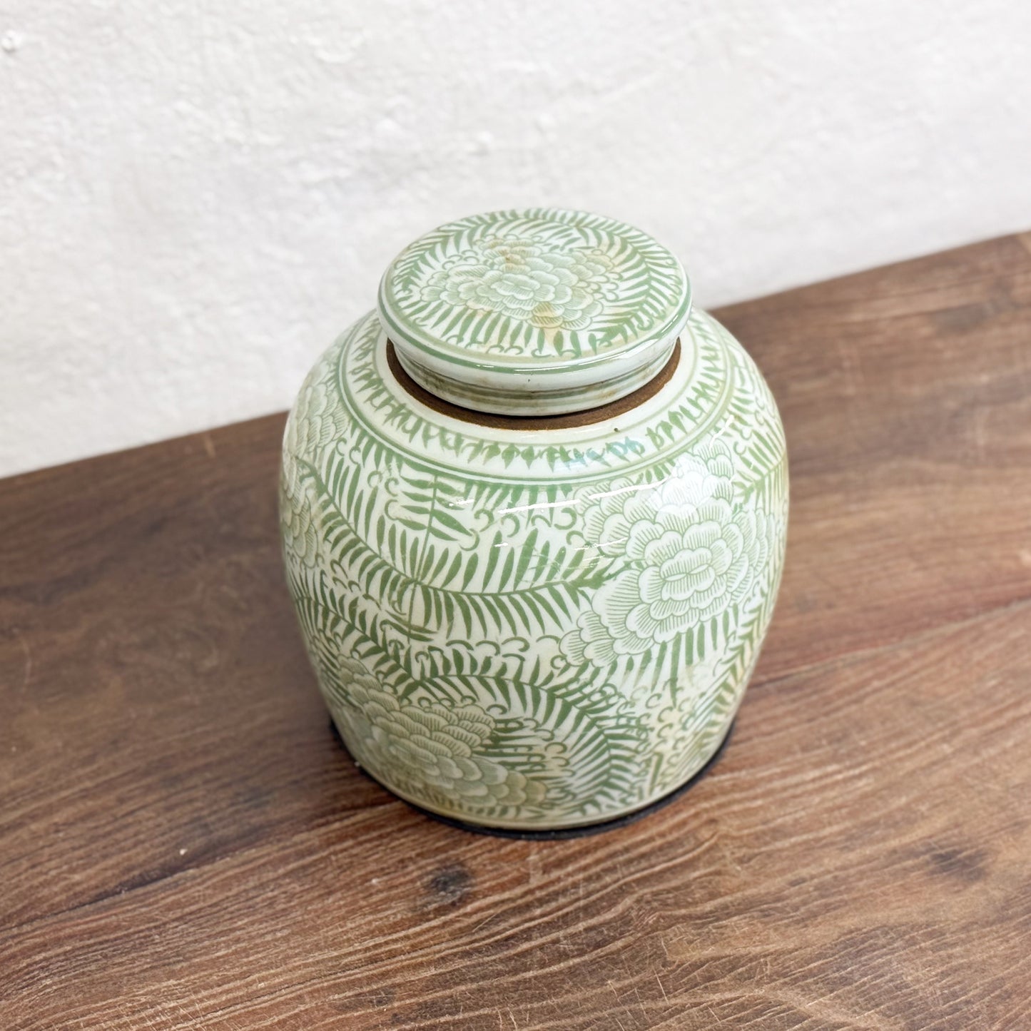 Green Peony & Fern Porcelain Ginger Jar