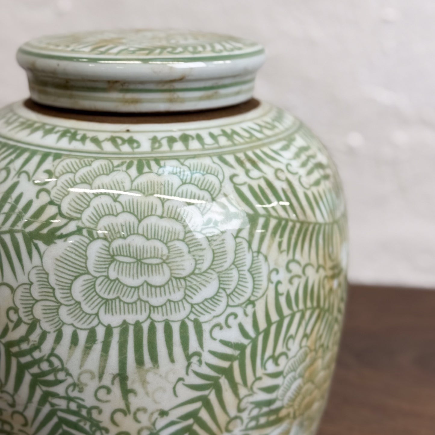 Green Peony & Fern Porcelain Ginger Jar