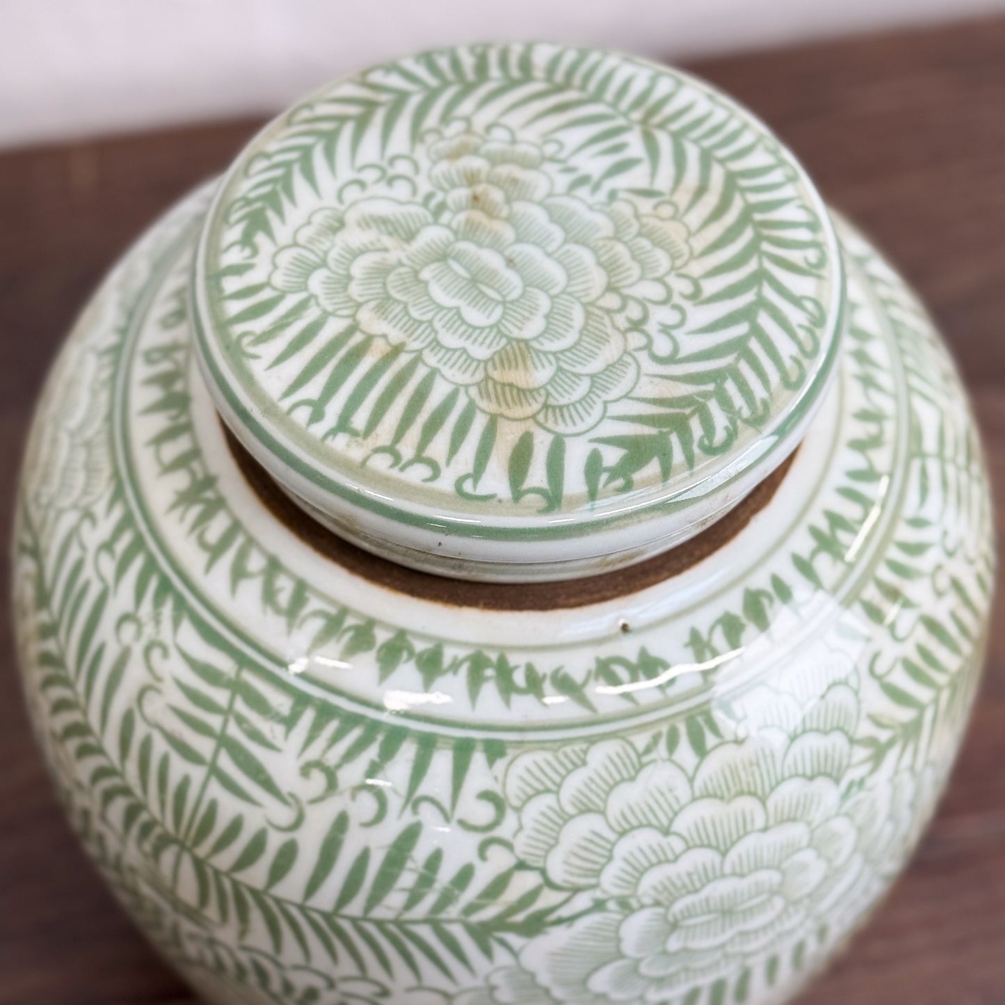 Green Peony & Fern Porcelain Ginger Jar