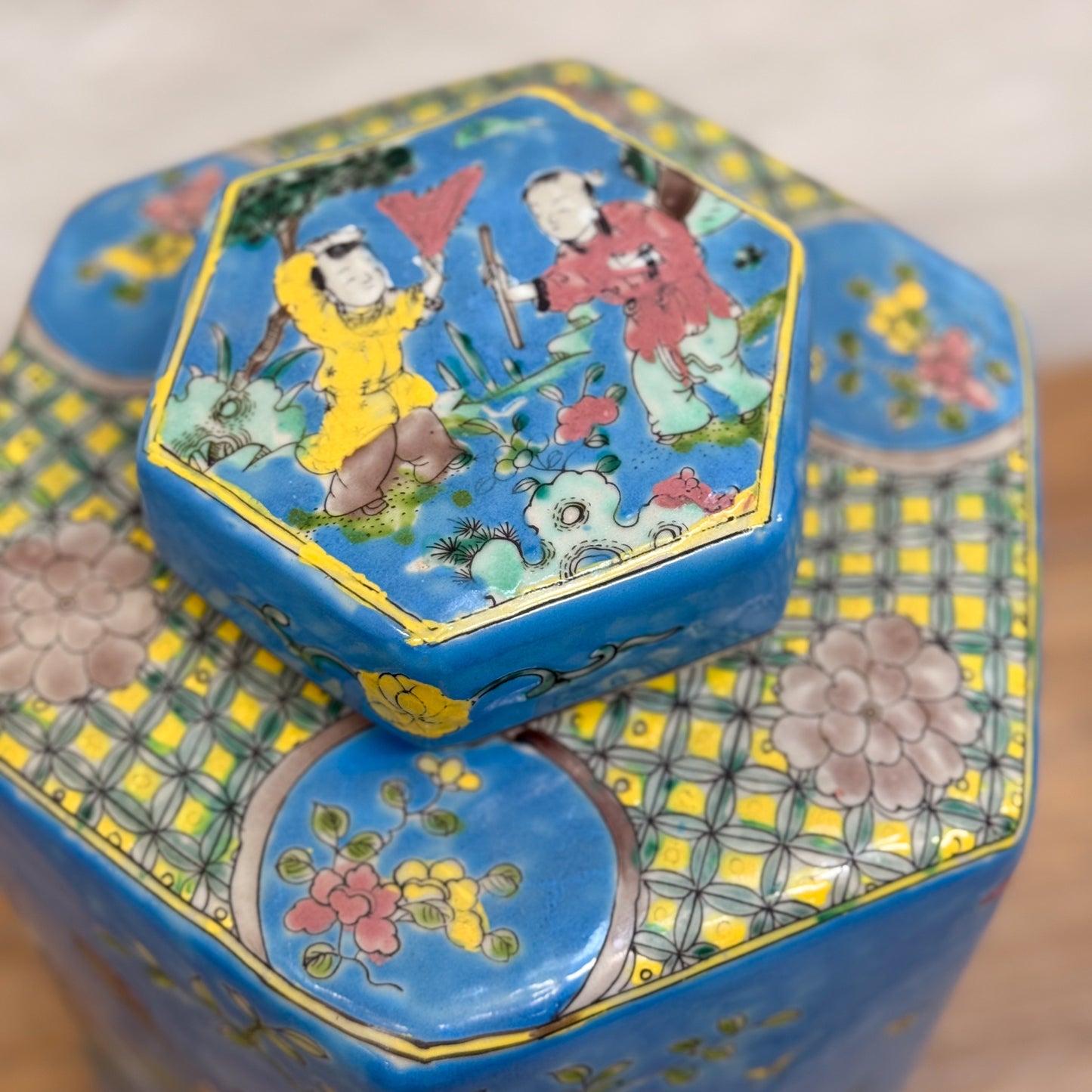 Village Children Hexagonal Porcelain Jar