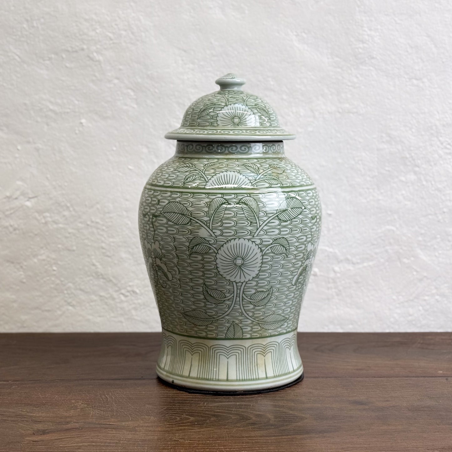 Green Patterned Floral Porcelain Ginger Jar