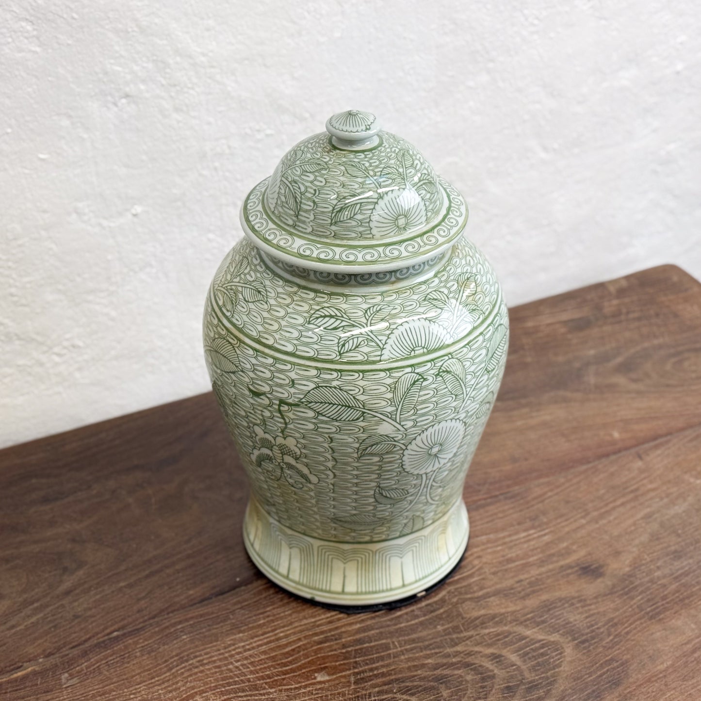 Green Patterned Floral Porcelain Ginger Jar