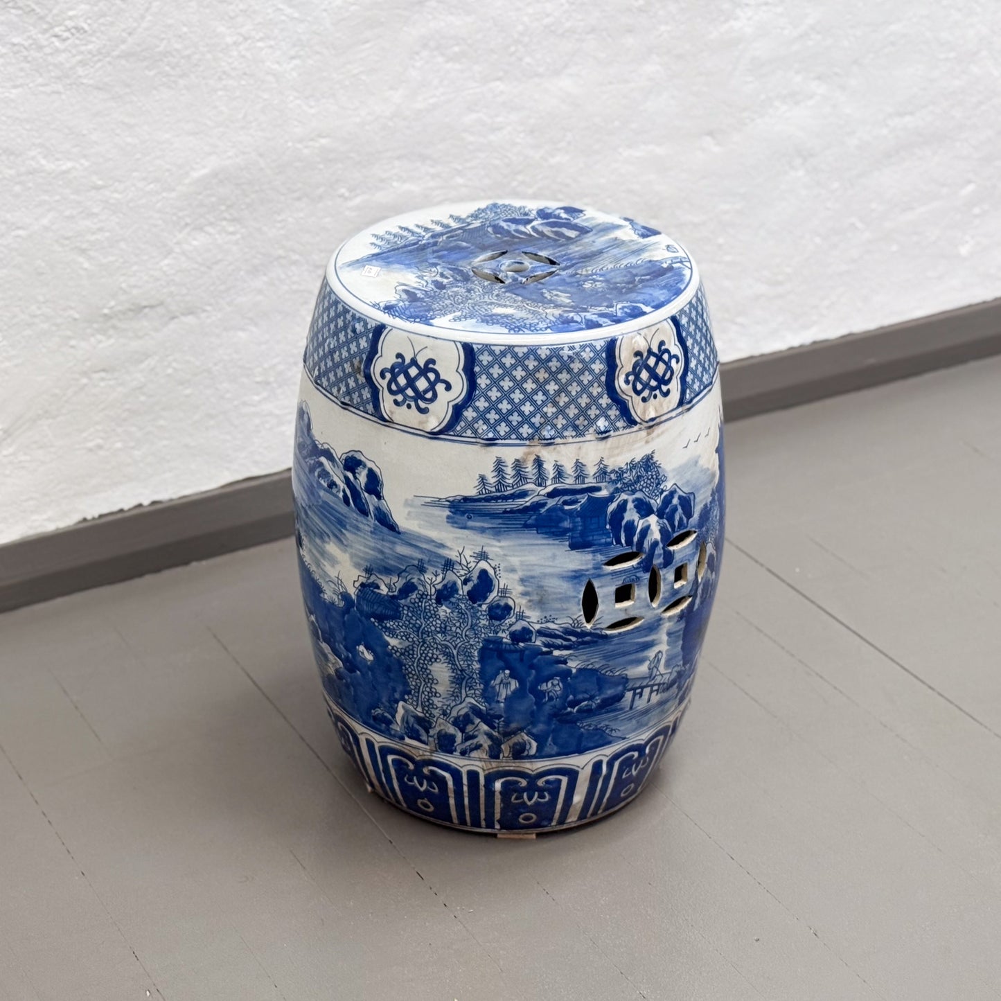 Village Scene Porcelain Drum Stool