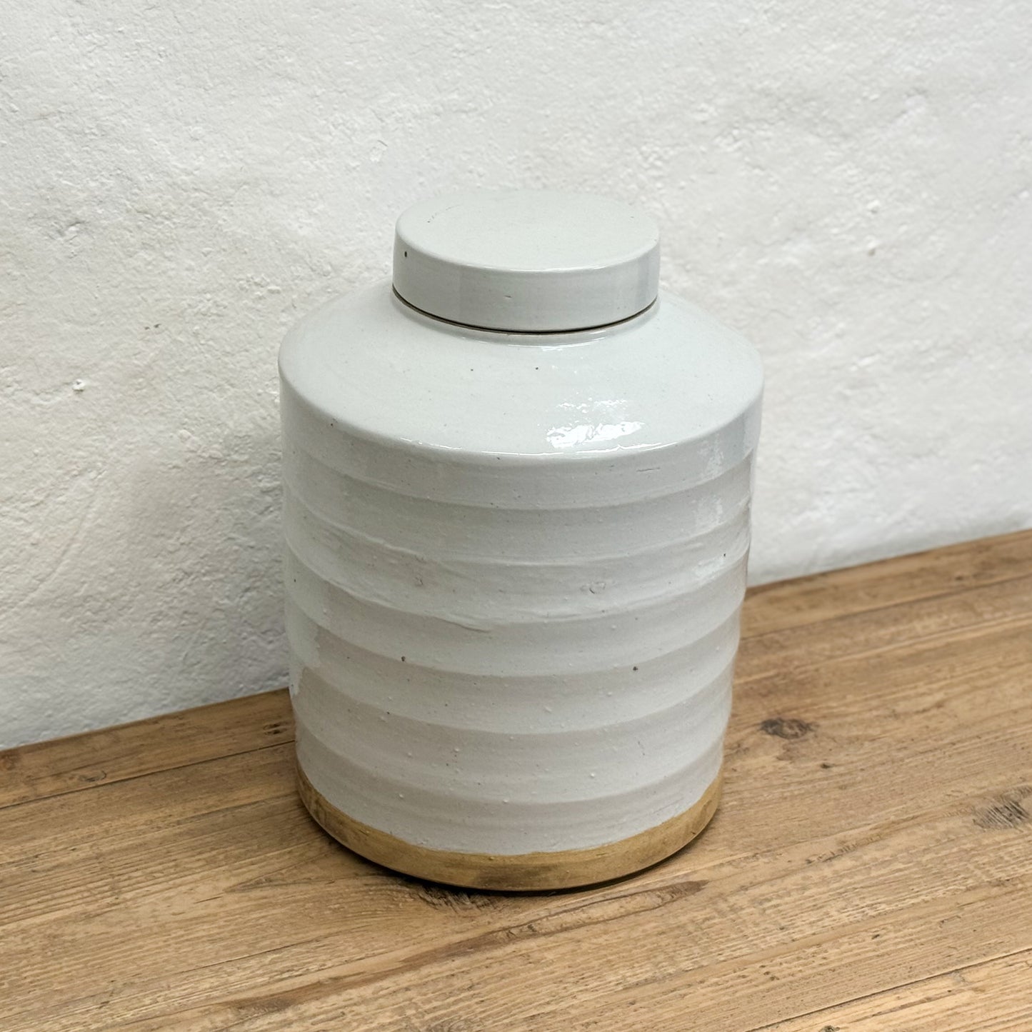 Ribbed White Ceramic Jar