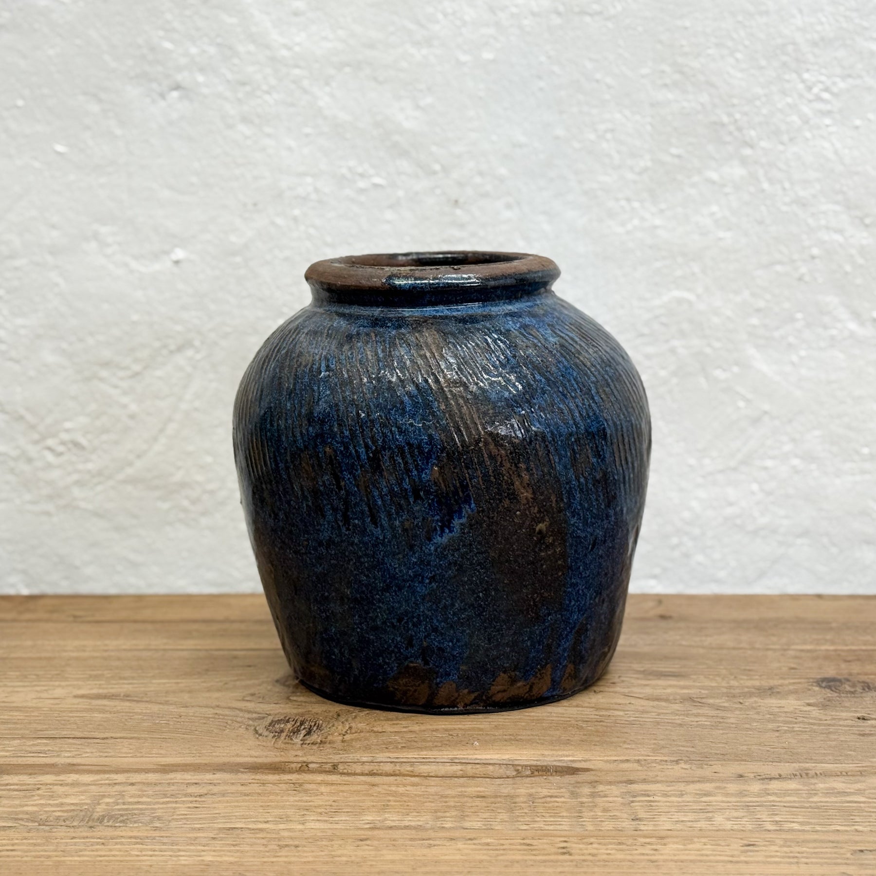 Scored Blue Glazed Pot