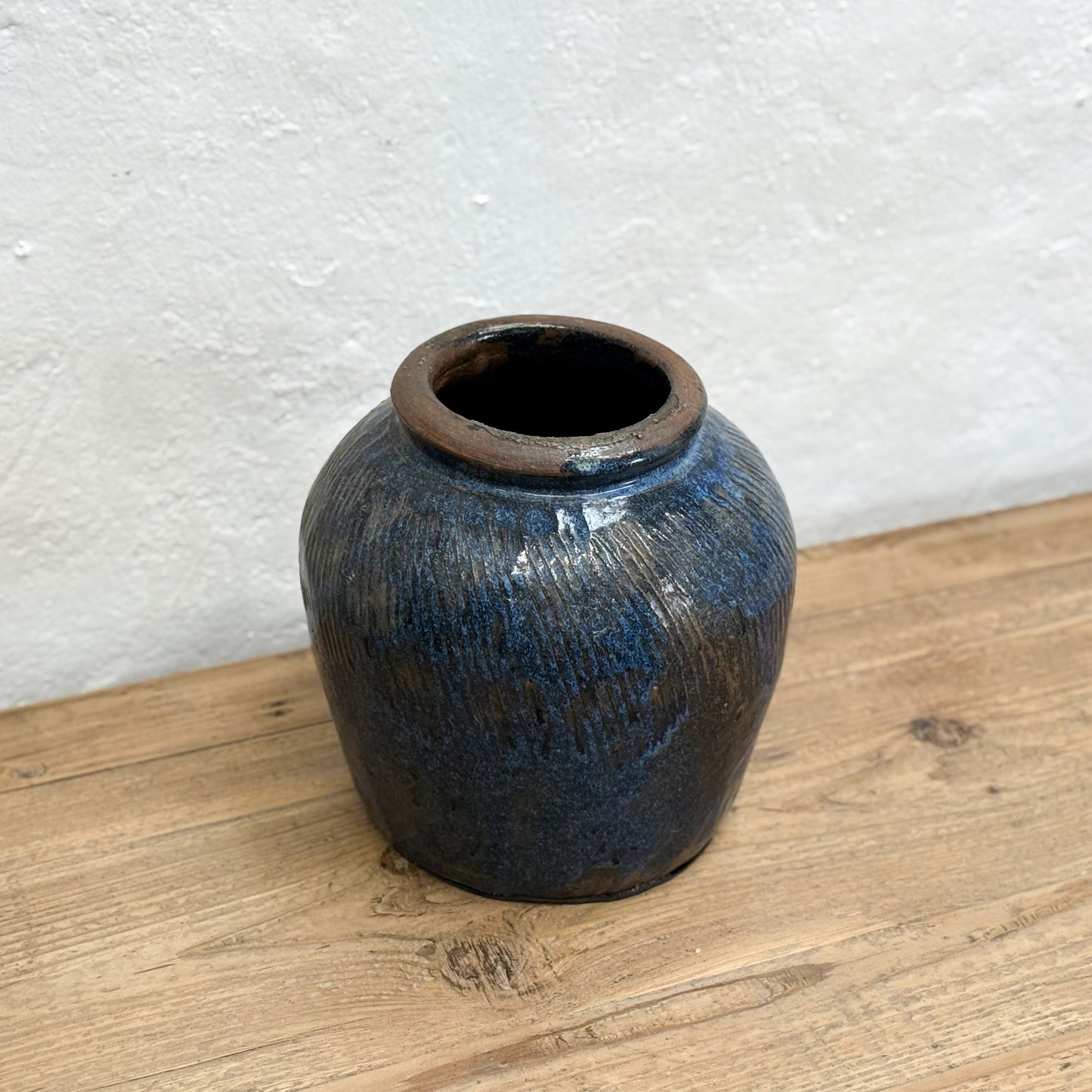 Scored Blue Glazed Pot