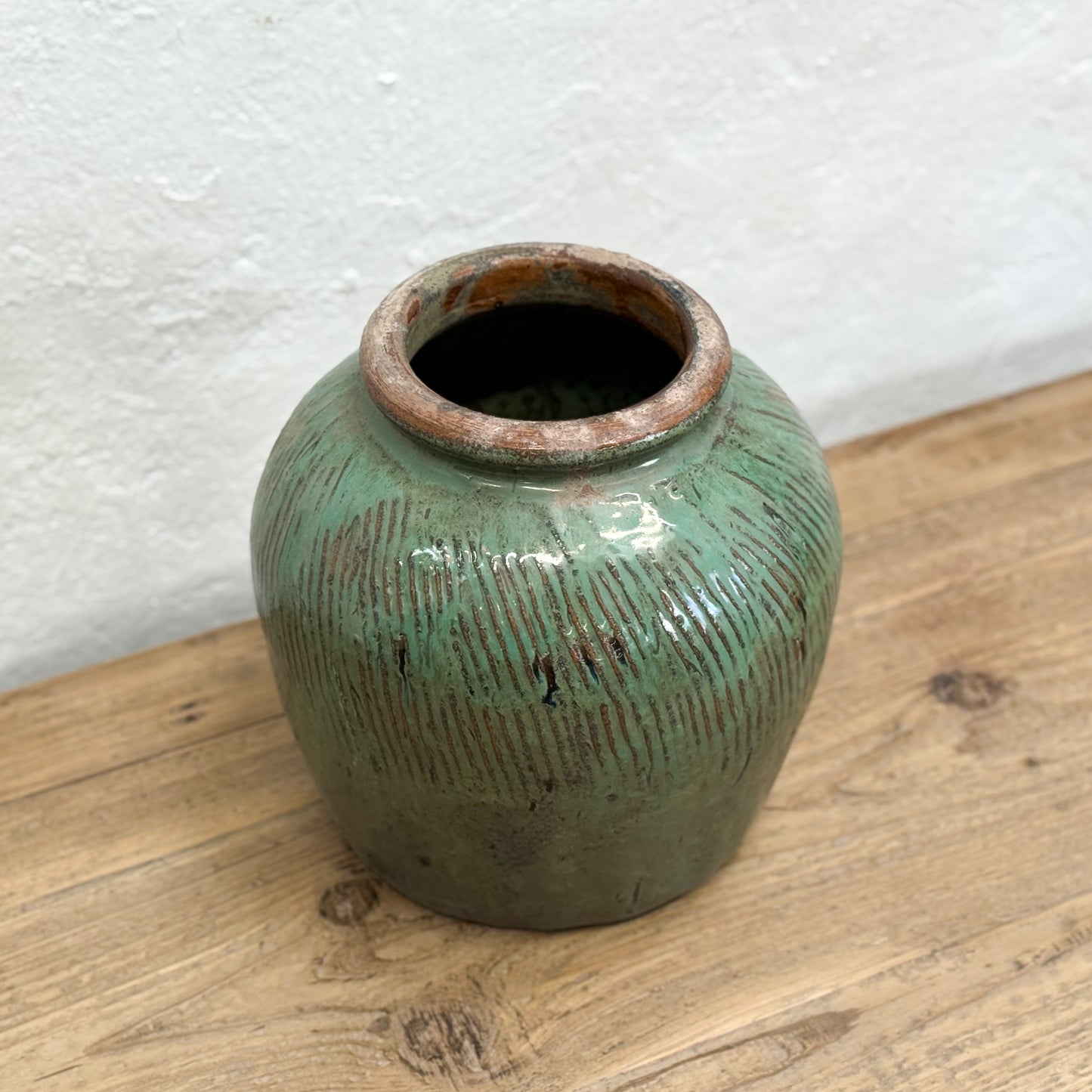 Scored Green Glazed Pot