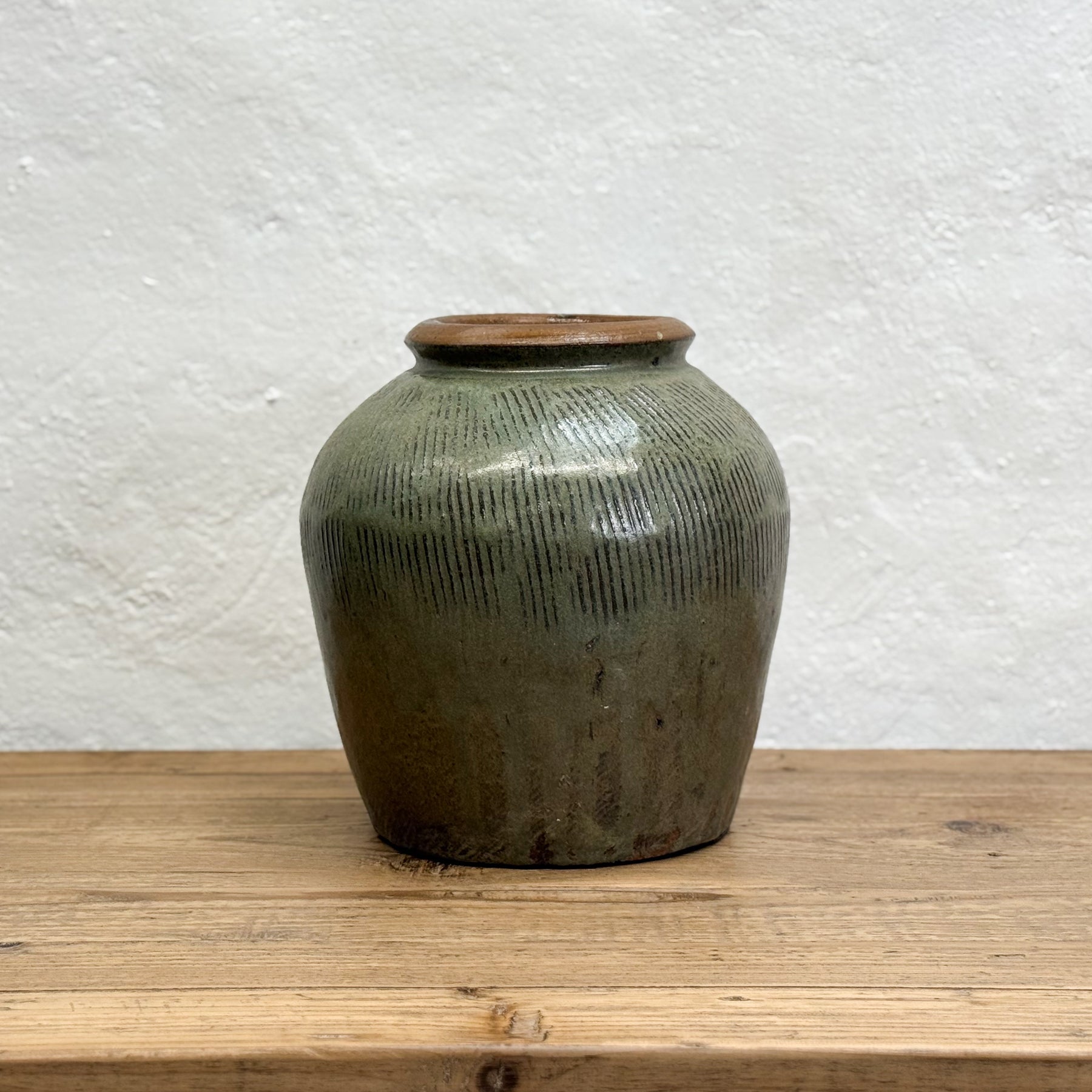 Scored Olive Glazed Pot