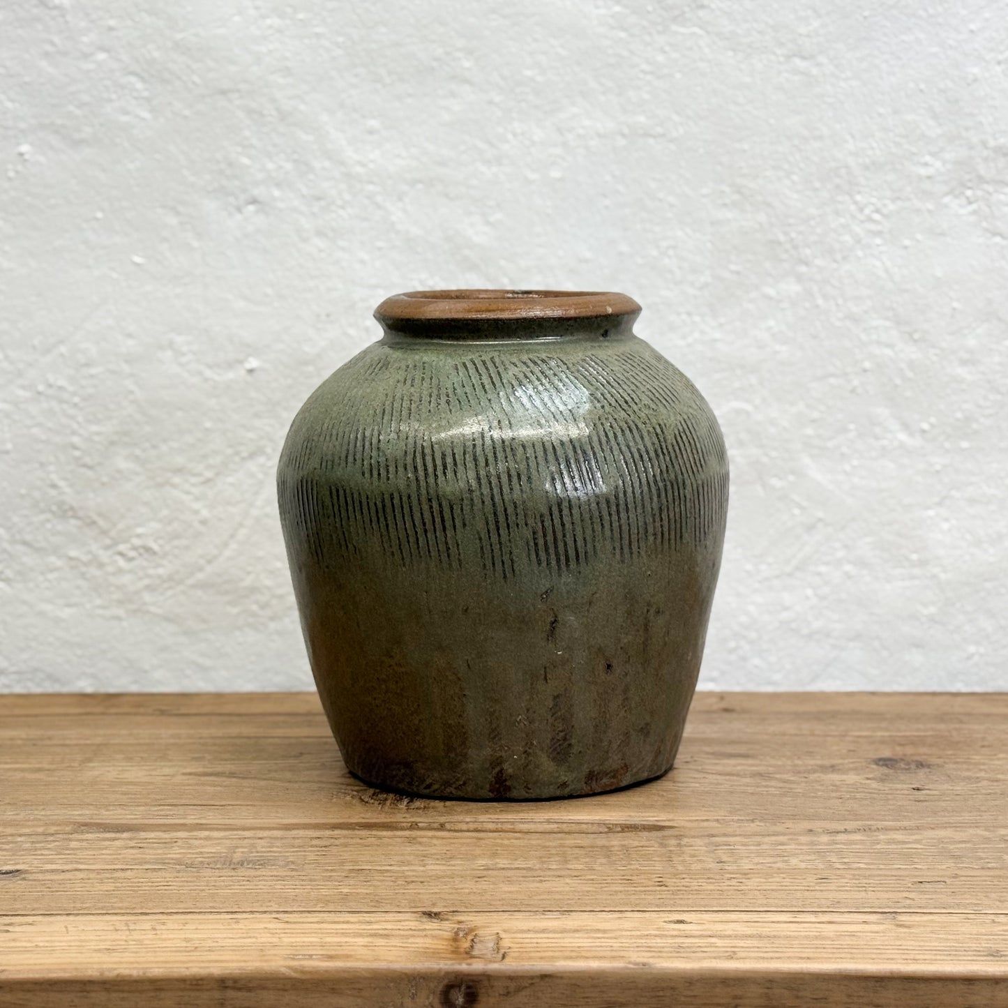 Scored Olive Glazed Pot