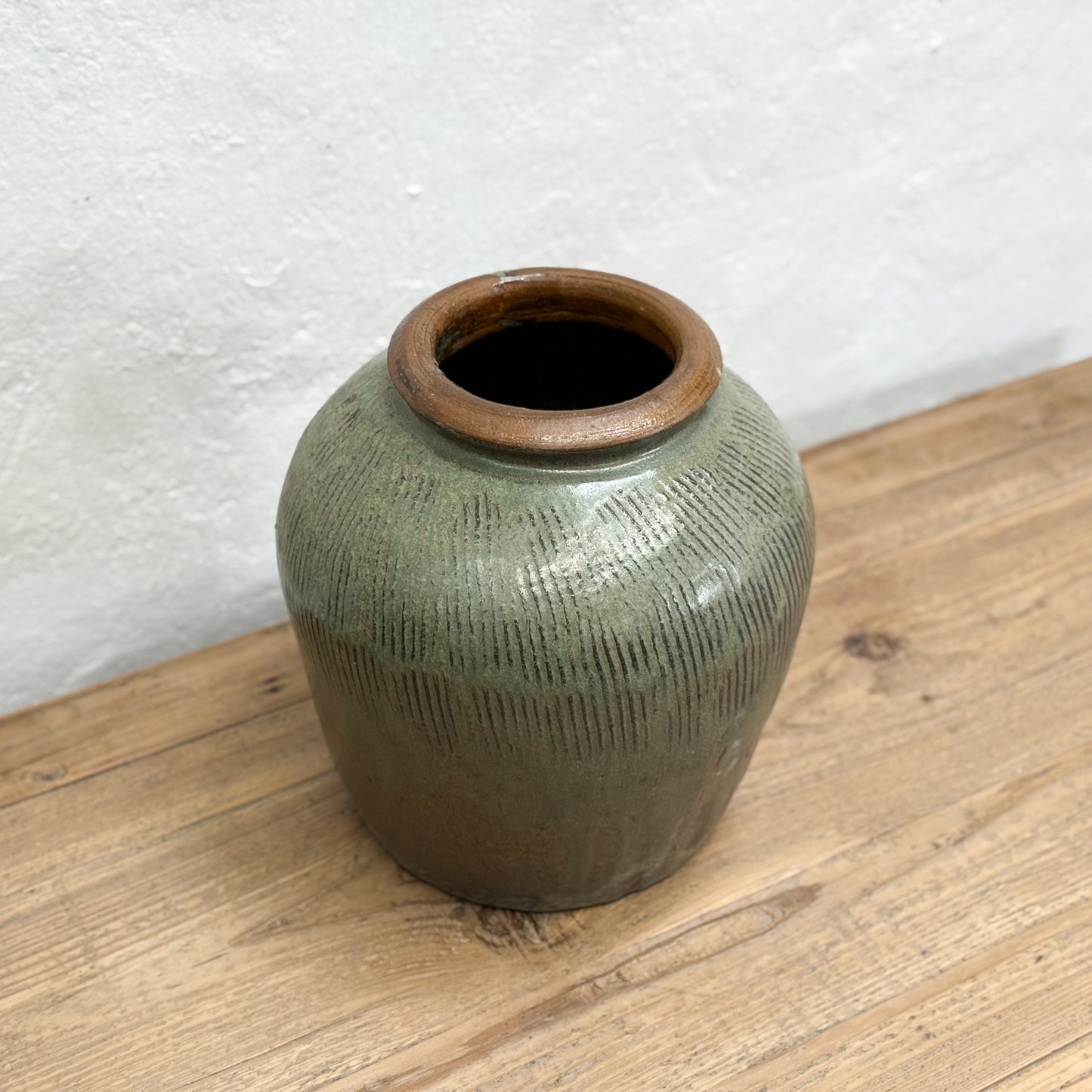 Scored Olive Glazed Pot
