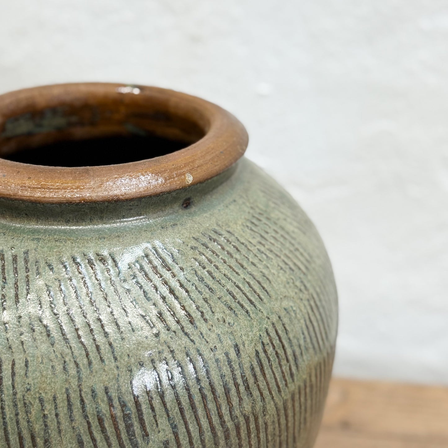 Scored Olive Glazed Pot