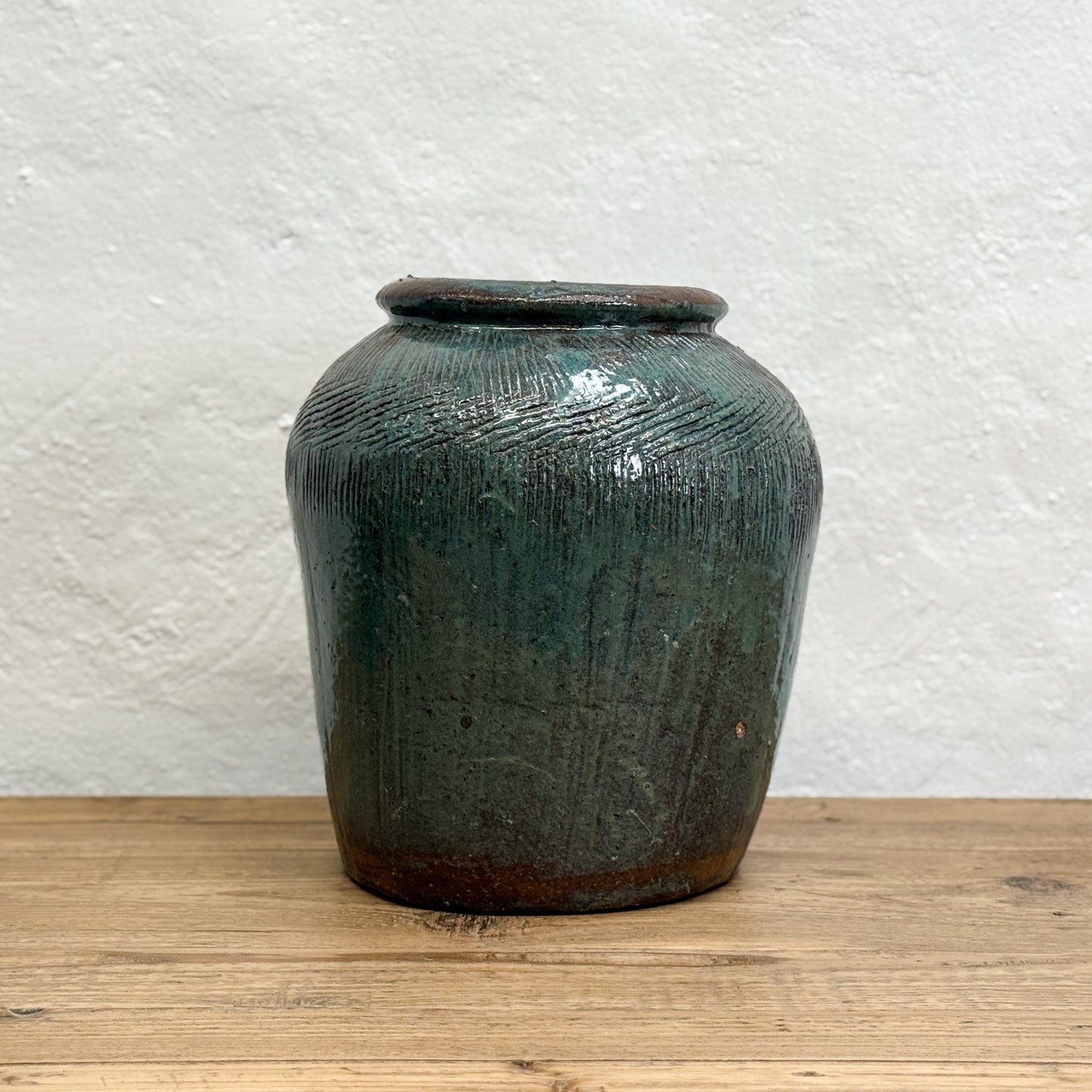Scored Teal Glazed Pot