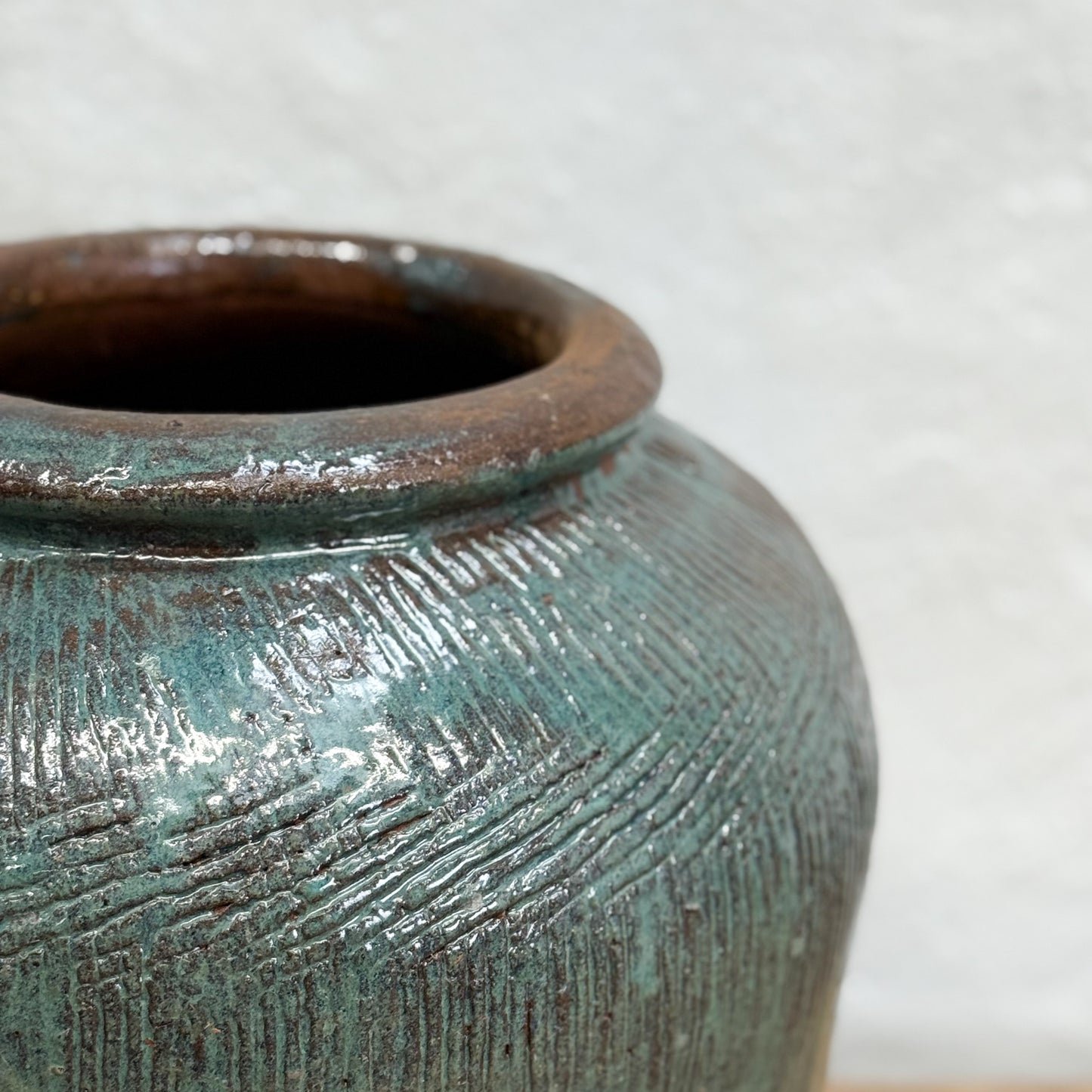 Scored Teal Glazed Pot