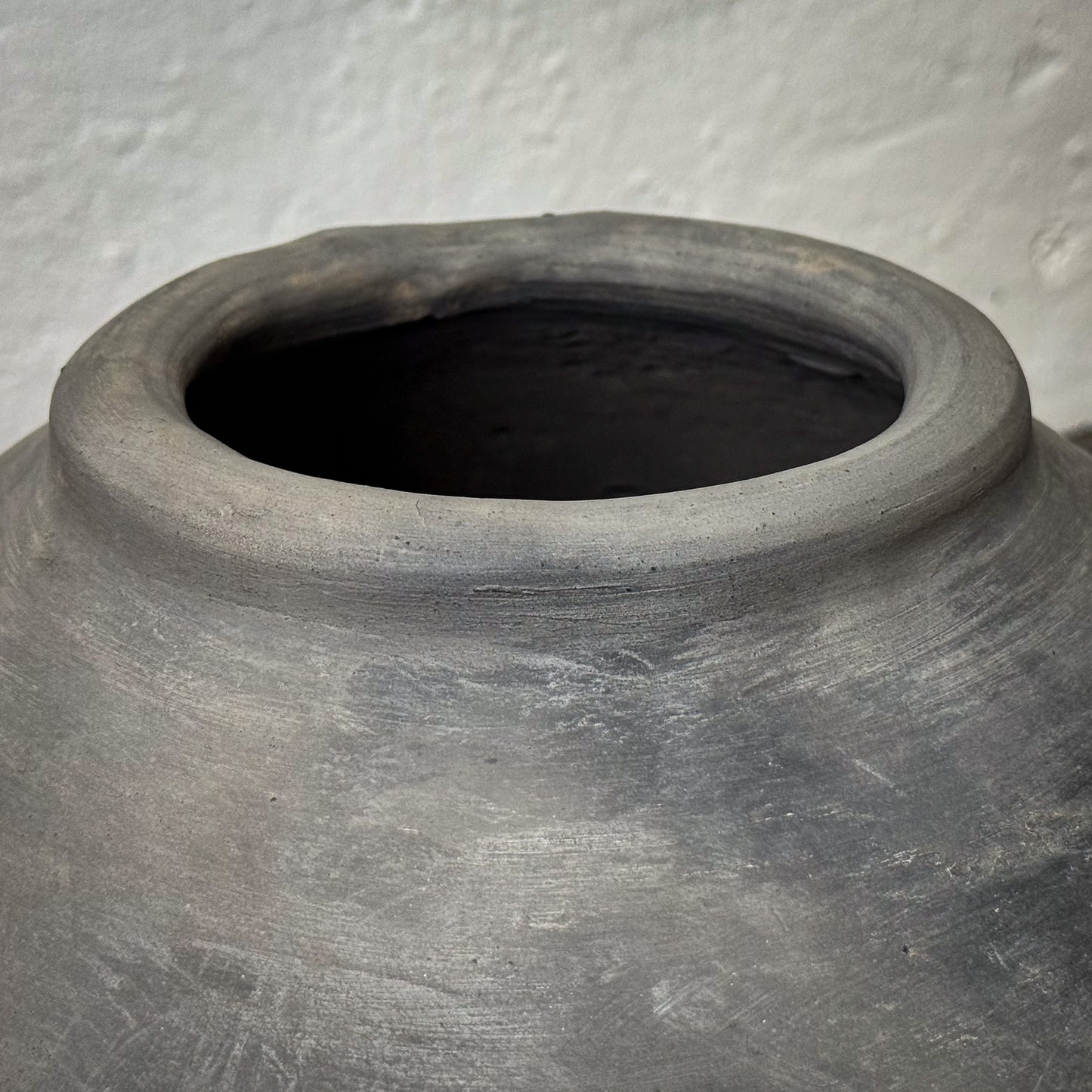 Close-up of a textured gray pot against a neutral background