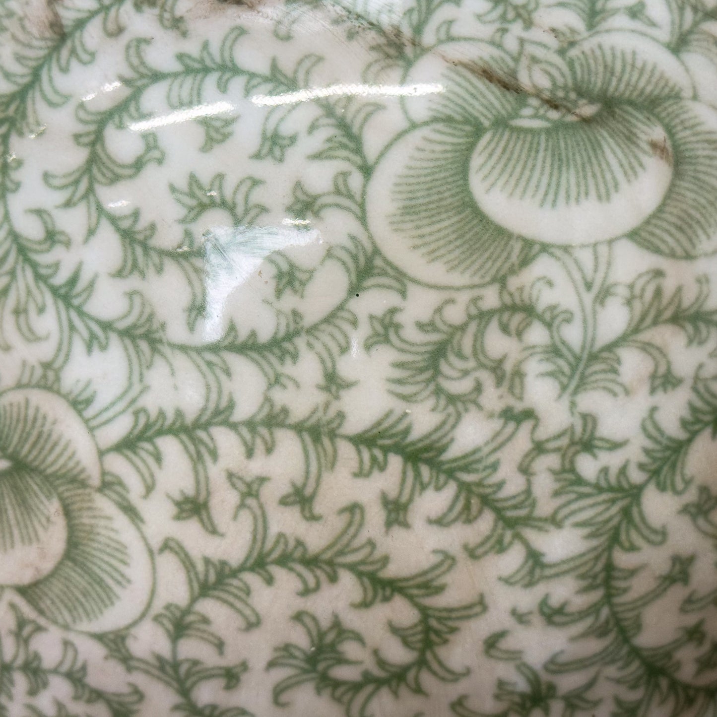 Close-up of a ceramic tile with green floral pattern