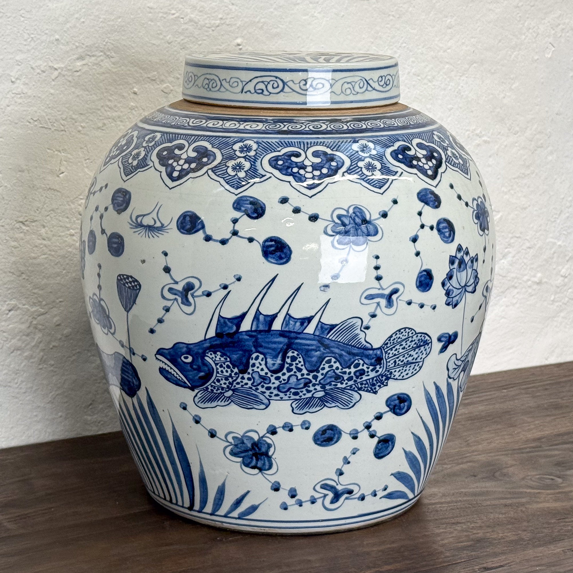 Blue & White Fish Ginger Jar XL