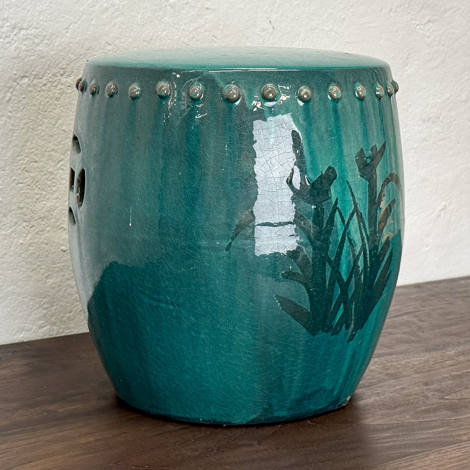 Green Floral Ceramic Drum Stool