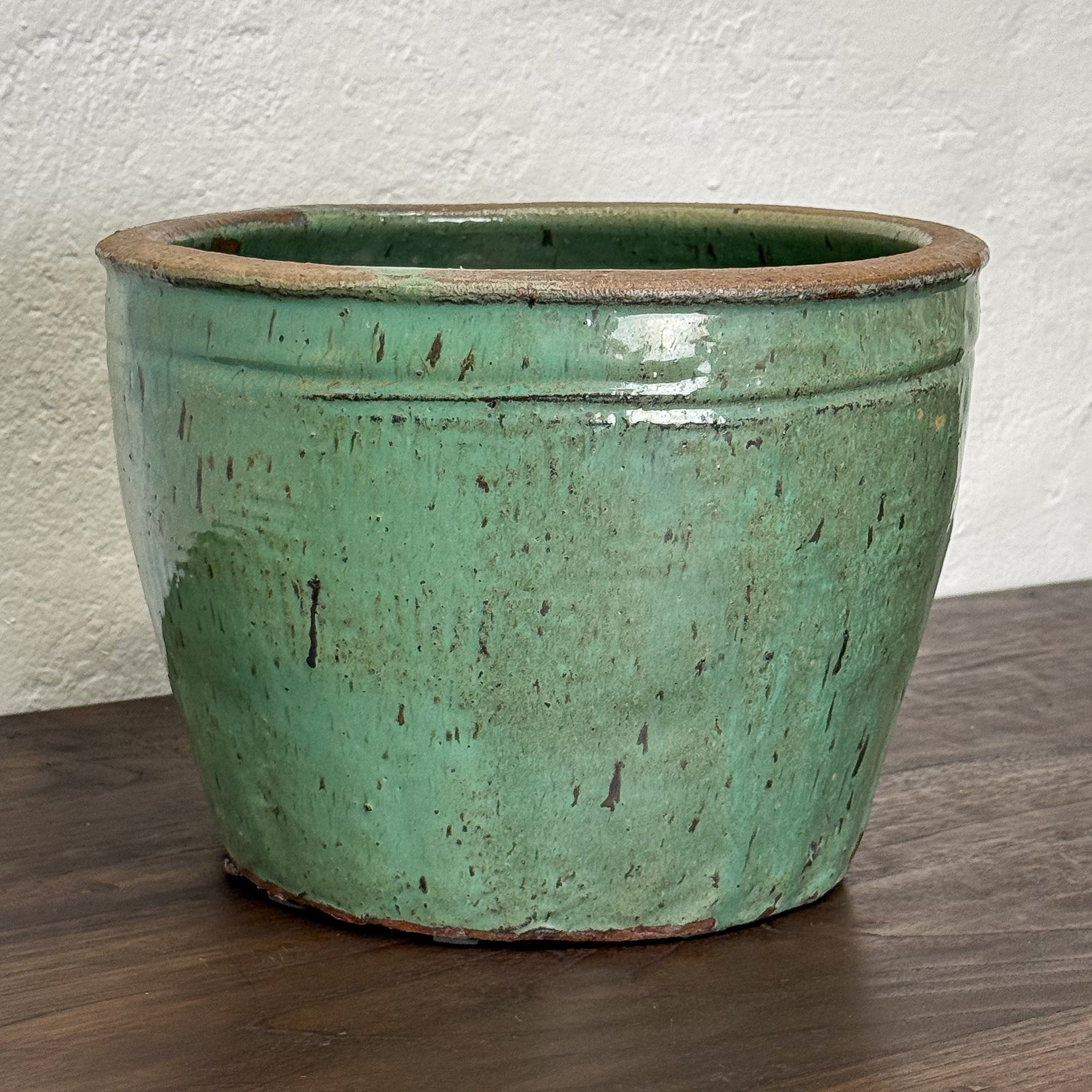 Weathered Round Green Ceramic Planter