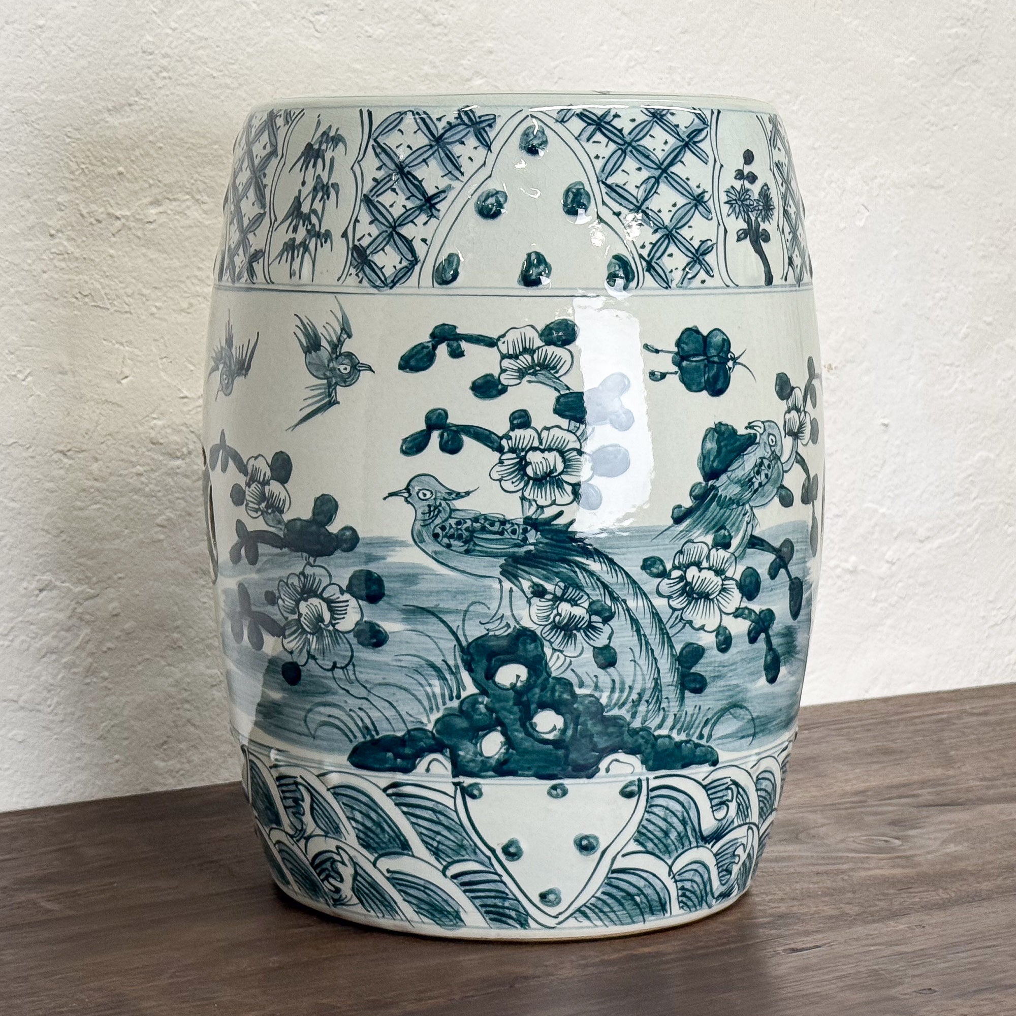 Indigo and White Bird and Blossom Stool