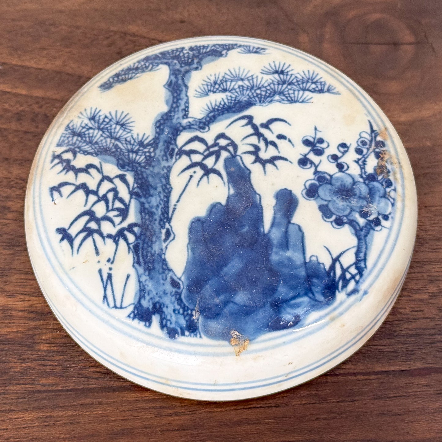 Blue and white ceramic plate with nature design on a wooden surface