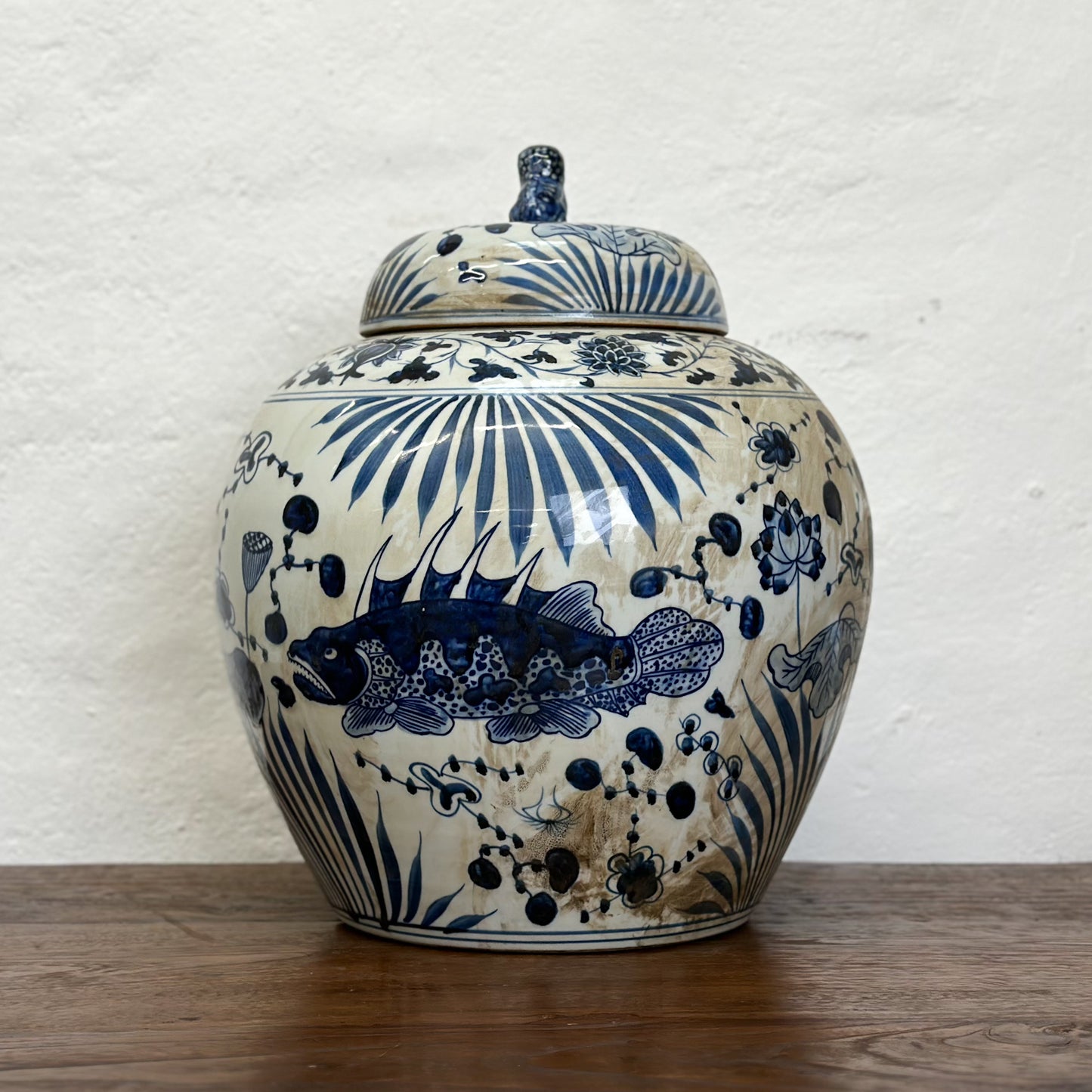 Squat Fish Porcelain Container with Foo Dog Lid