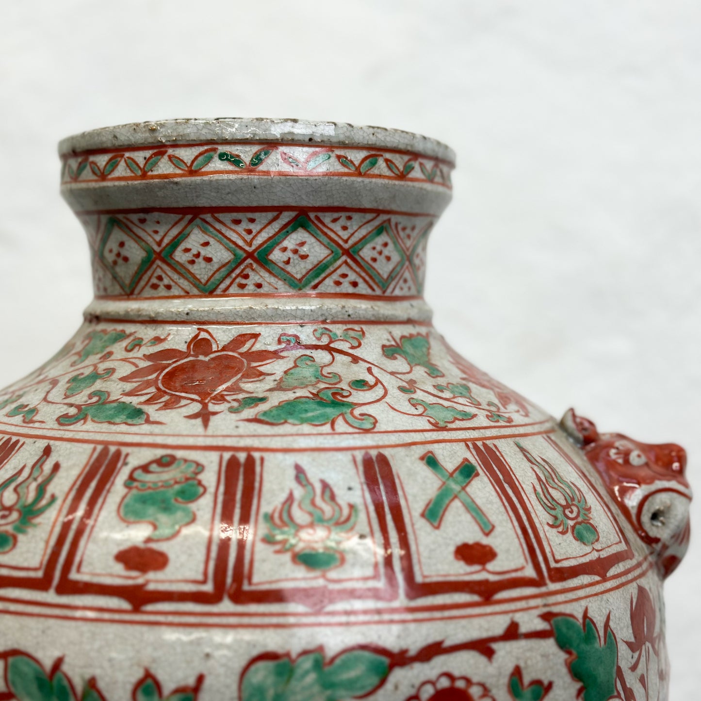 Squat Red & Green Vase with Foo Dog Handles