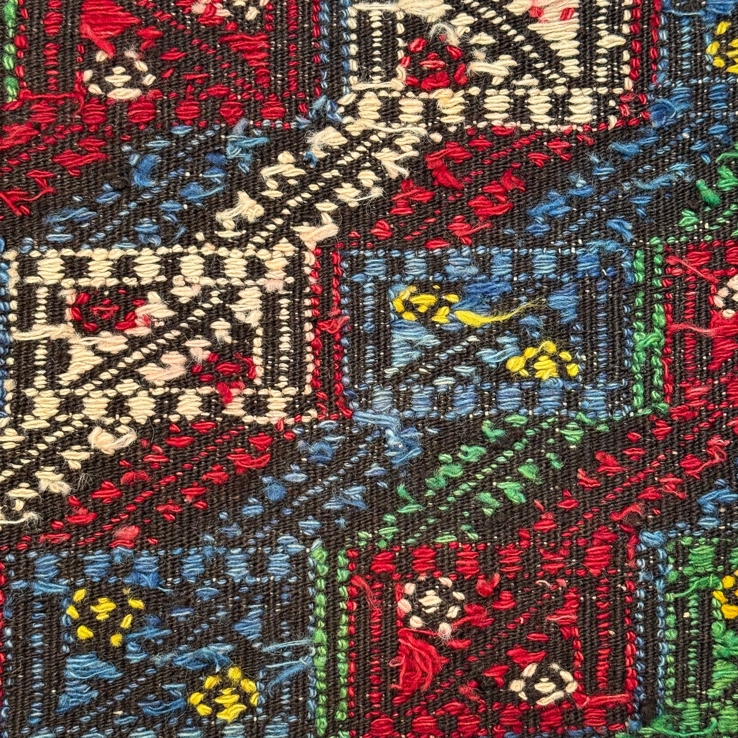 Close-up of a colorful woven fabric with intricate patterns
